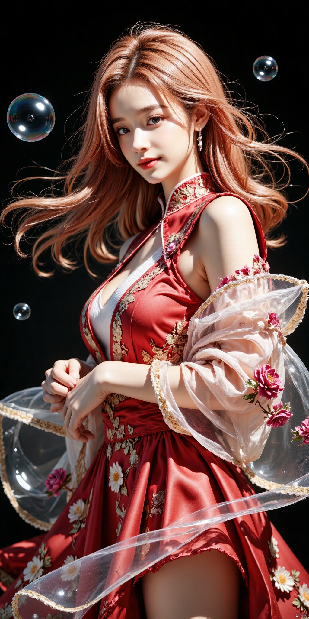 aimote,pink hair,(bubble:1.5), DSLR, (Good structure), HDR, UHD, 8K, A real person, Highly detailed, best quality, masterpiece, 1girl, realistic, Highly detailed, (EOS R8, 50mm, F1.2, 8K, RAW photo:1.2), ultra realistic 8k, (best illumination, best shadow, extremely delicate and beautiful), (official art, beautiful and aesthetic:1.2), solo, 1girl, , Wind, flowing hair, kind smile, , pose for picture, Dynamic pose, looking_at_viewer, , (perfect body),upper_body, ,Beauty, best quality, super detail, fine detail, high resolution, 8K wallpaper, perfect dynamic composition, beautiful detailed eye, ,, 1 girl, ,chineseclothes,dress,red dress,flower,