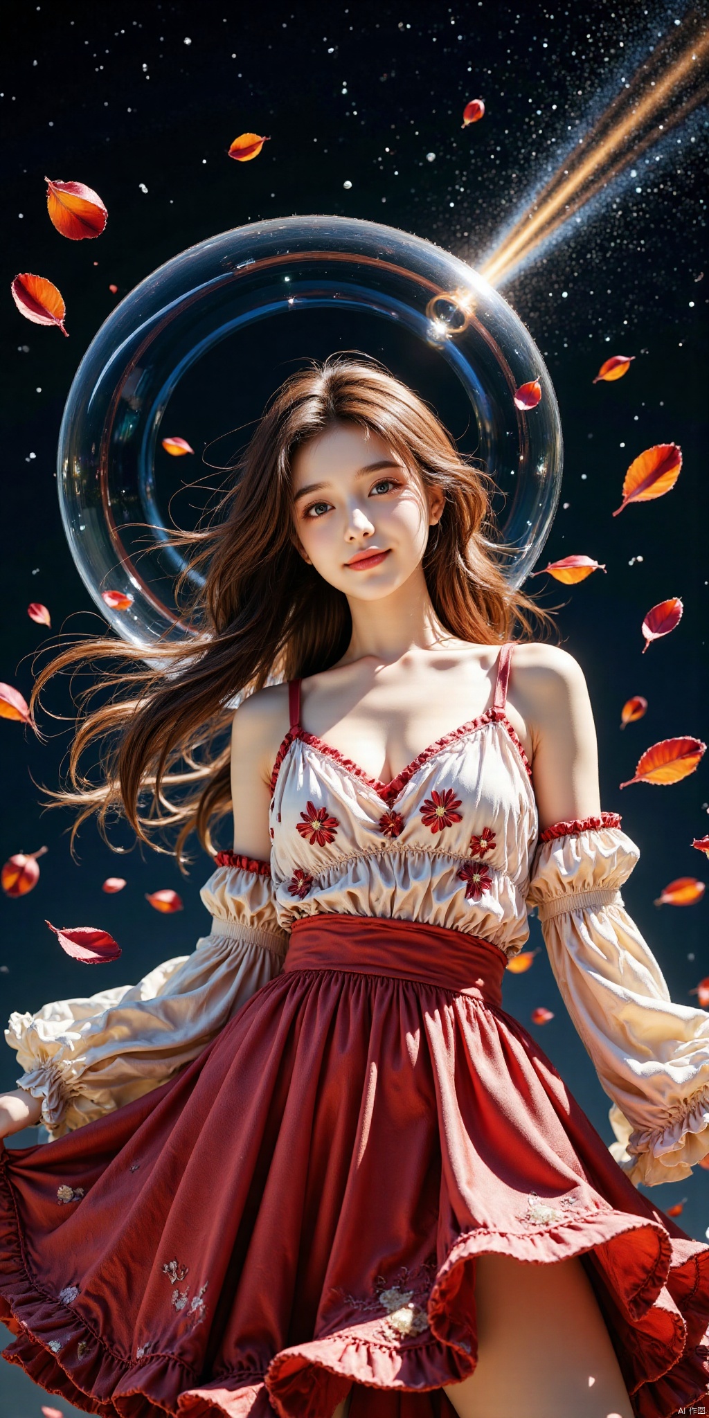 aimote,DSLR Quality,Depth of field ,looking_at_viewer,Dynamic pose, , kind smile,1girl , 8k resolution, Masterpiece quality, High detail. from below, Fantasy theme, cropped. {(1 girl:1.5),(close to viewer:1.8), ((looking at viewer:2), beautiful face, ), ((worm's eye shot:1.2)),perspective distortion}, (Panoramic view, fisheye lens effect:1.1). {(Strong backlighting, underexposure:1.4), (blocked shadows:0.8), depth of field(at 100mm focal length:1.2)}, (horizon:0.7), low key earth. the starry sky feathering into the background, creating a sense of depth and gradient. Incorporating Droste Effect(an endless repetition and reflection:1.2). Surrounded by fluttering rose petals, reflected or casting dramatic shadows and highlights, {(meteor shower, planets:1.1), (Vermilion Comet:1.3)}. mesmerizing effect, a dreamlike ambiance of infinity. A vortex of rose petals, a starry sky vortex, , as, vortex, tyjf,