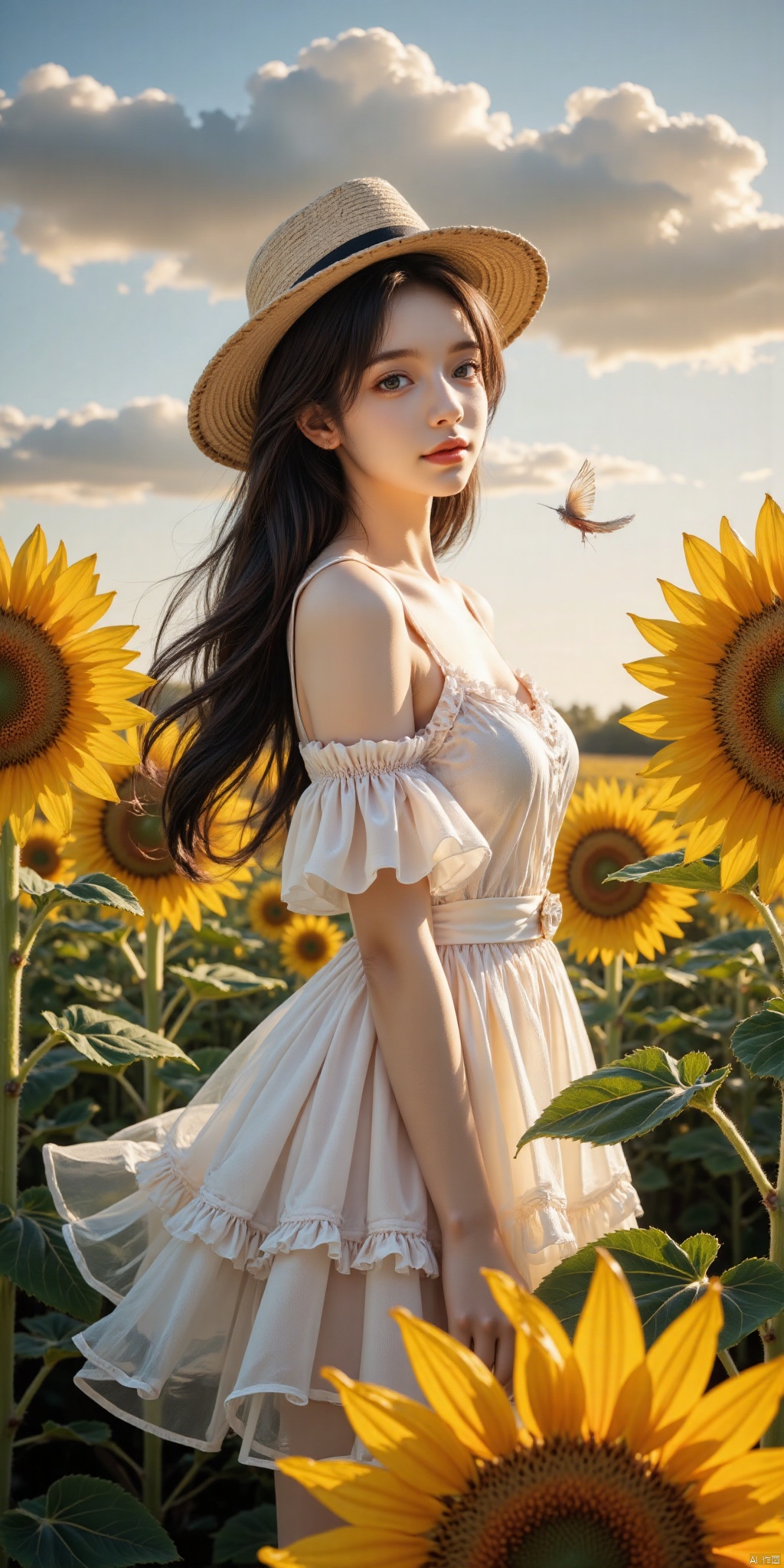 aimote,((Girl in straw hat looking back in a field of sunflowers)), (backlight), (best illumination, best shadow, an extremely delicate and beautiful), Girl on the center axis of the picture, small breasts, ((Sunflowers with the ultimate in detail)), beautiful detailed sky, Perfect body, (beautiful detailed face), extremely delicate and beautiful girls, Sunflower fields at sunset, sunset, black hair, beautiful detailed cloud, (((extremely detailed CG unity 8k wallpaper, masterpiece, best quality, ultra-detailed))), dynamic angle, floating, finely detail, (bloom), (shine), glinting stars, feather,nature,(sunlight), fairyland, (((The character is in the center of the frame)))