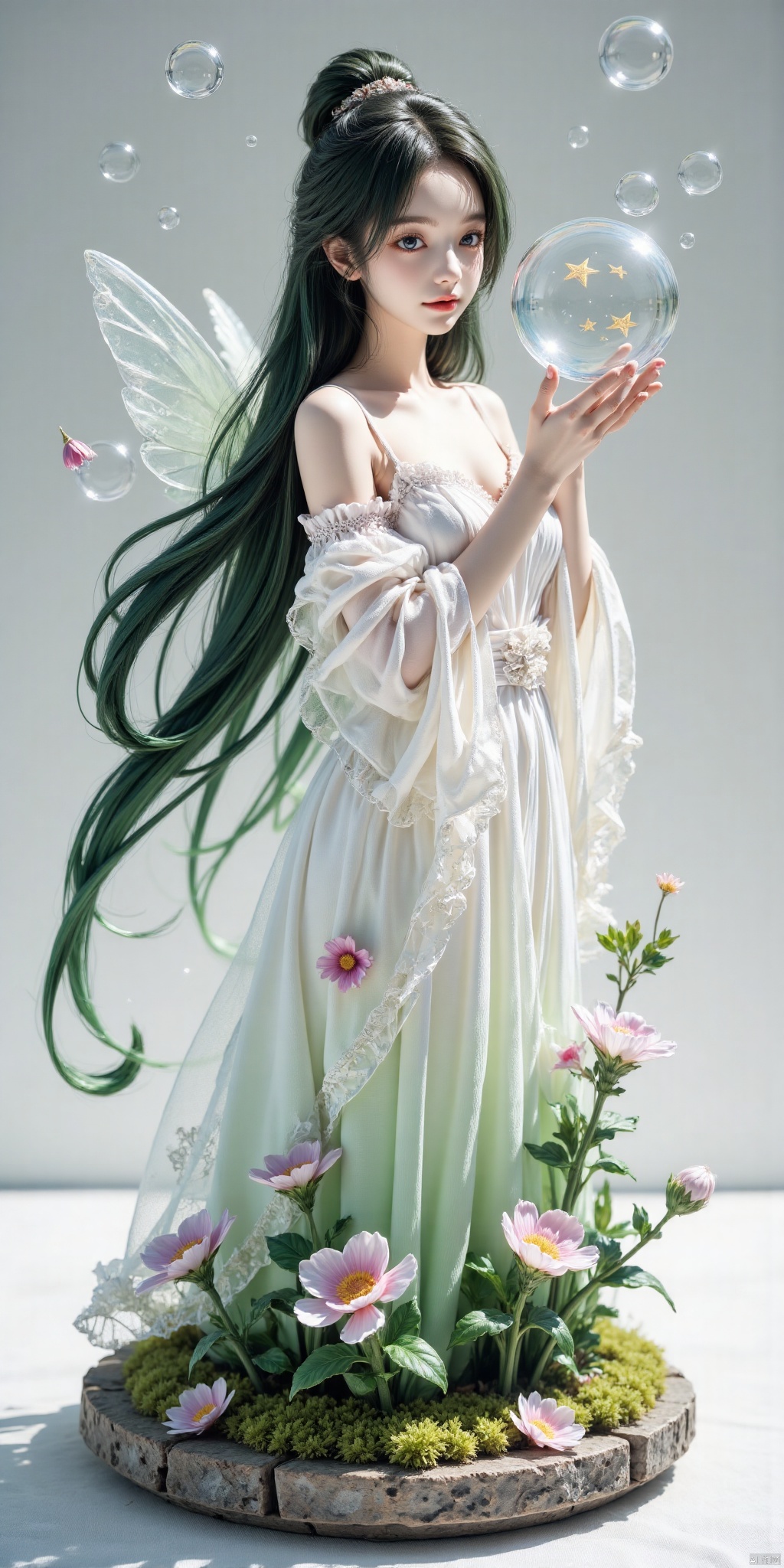 aimote,1girl,Fairyland Collection Dark Fairy Witch Spirit Forest with Magic Ball On Crystal Stone Figurine, (1girl:1.2),stars in the eyes,(pure girl:1.1),(white dress:1.1),(full body:0.6),There are many scattered luminous petals,bubble,contour deepening,(white_background:1.1),cinematic angle,,underwater,adhesion,green long upper shan, 21yo girl, , 