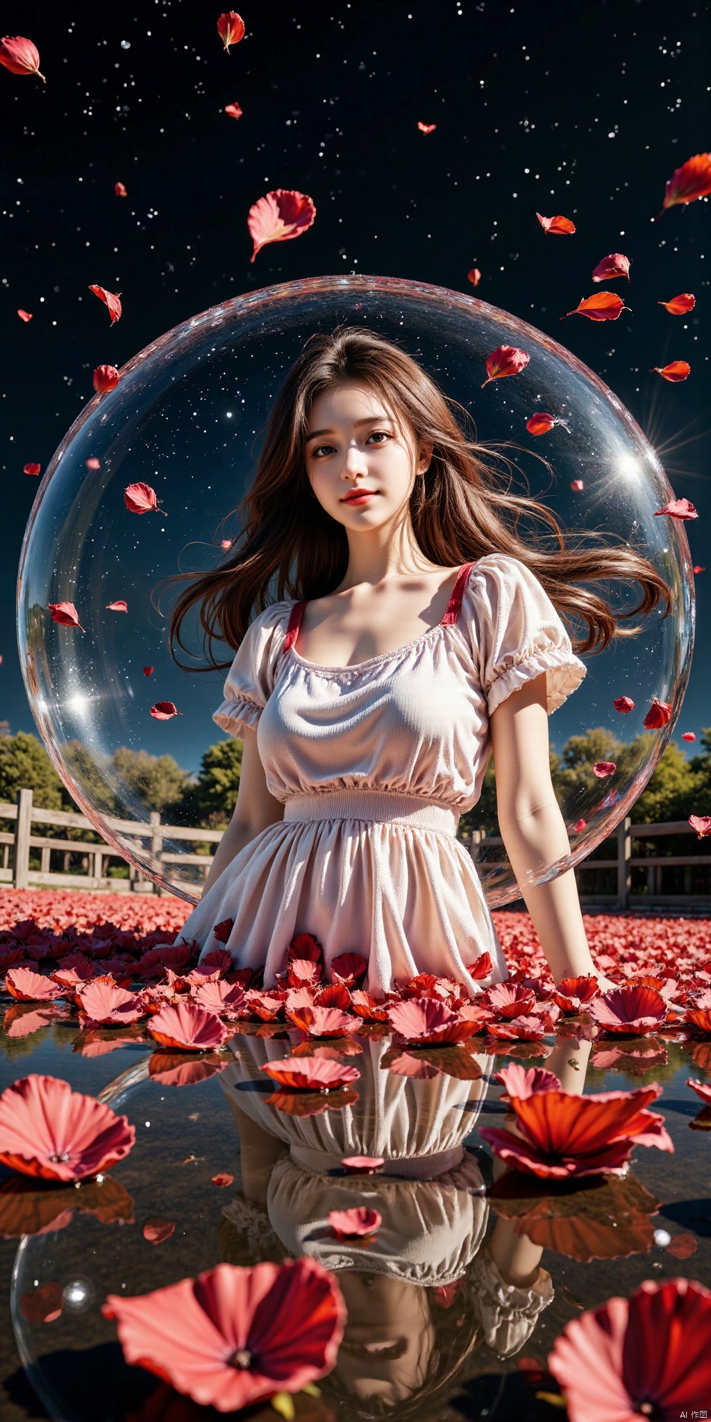 aimote,DSLR Quality,Depth of field ,looking_at_viewer,Dynamic pose, , kind smile,1girl , 8k resolution, Masterpiece quality, High detail. from below, Fantasy theme, cropped. {(1 girl:1.5),(close to viewer:1.8), ((looking at viewer:2), beautiful face, ), ((worm's eye shot:1.2)),perspective distortion}, (Panoramic view, fisheye lens effect:1.1). {(Strong backlighting, underexposure:1.4), (blocked shadows:0.8), depth of field(at 100mm focal length:1.2)}, (horizon:0.7), low key earth. the starry sky feathering into the background, creating a sense of depth and gradient. Incorporating Droste Effect(an endless repetition and reflection:1.2). Surrounded by fluttering rose petals, reflected or casting dramatic shadows and highlights, {(meteor shower, planets:1.1), (Vermilion Comet:1.3)}. mesmerizing effect, a dreamlike ambiance of infinity. A vortex of rose petals, a starry sky vortex, , as, vortex, tyjf,