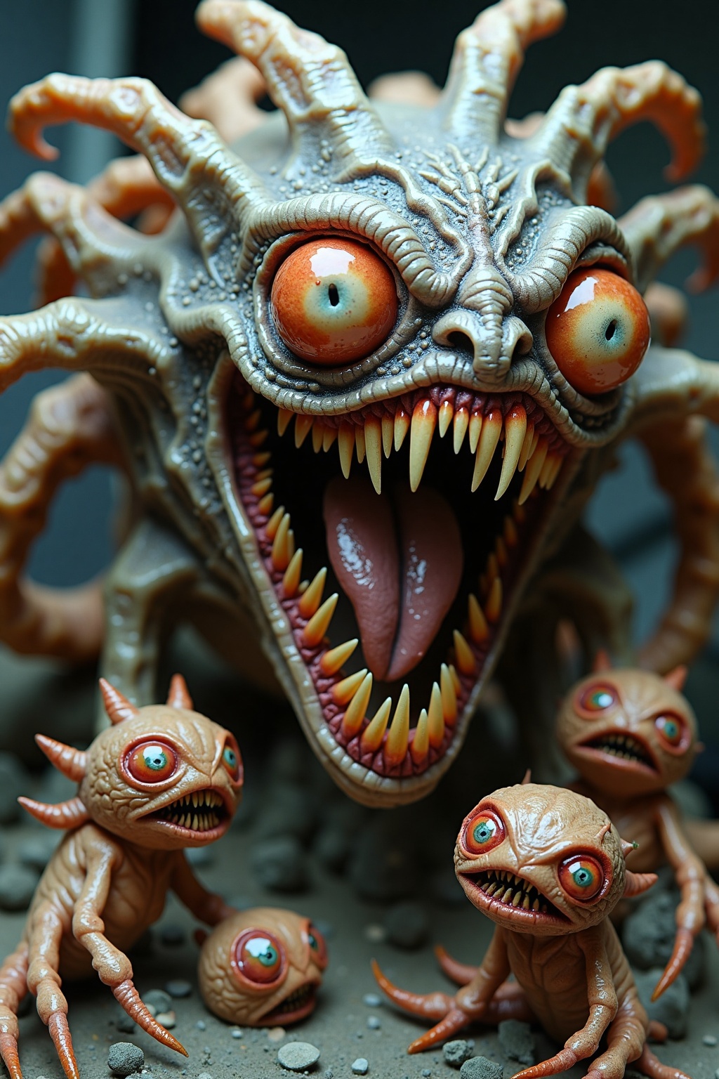 The sculpture features a monstrous creature,  terrifying in appearance with multiple bulging eyes and a mouth full of shar...
