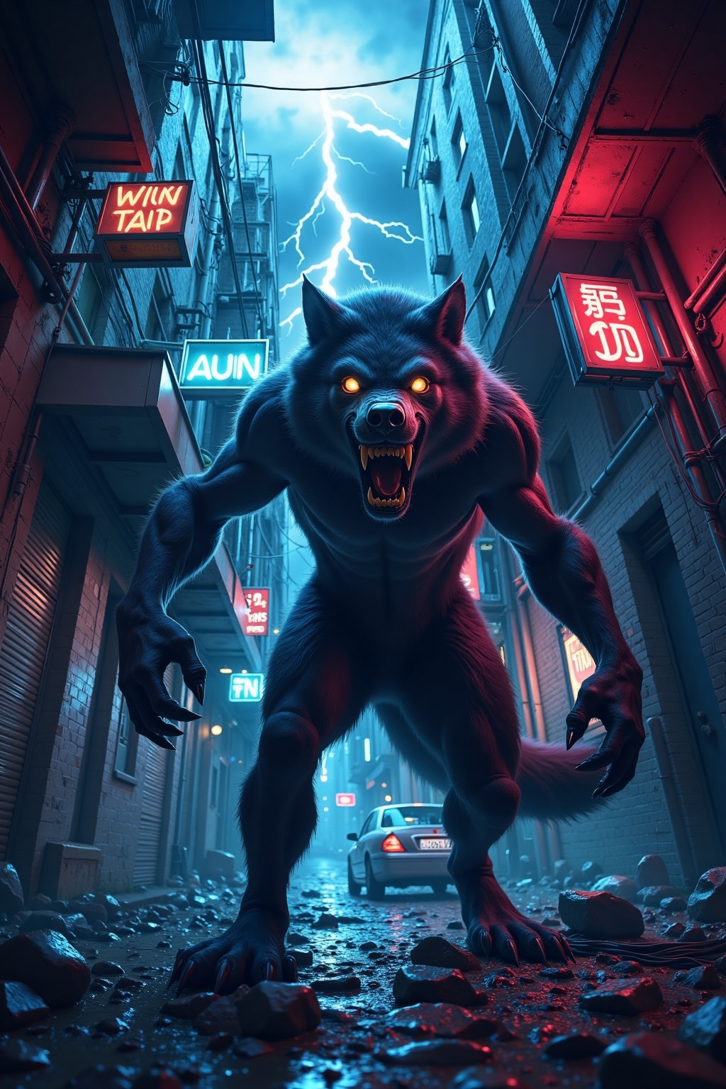 h0rr0r_art,  In the shadowy confines of a neon-soaked urban alleyway,  a towering werewolf looms with bared fangs. Claws r...