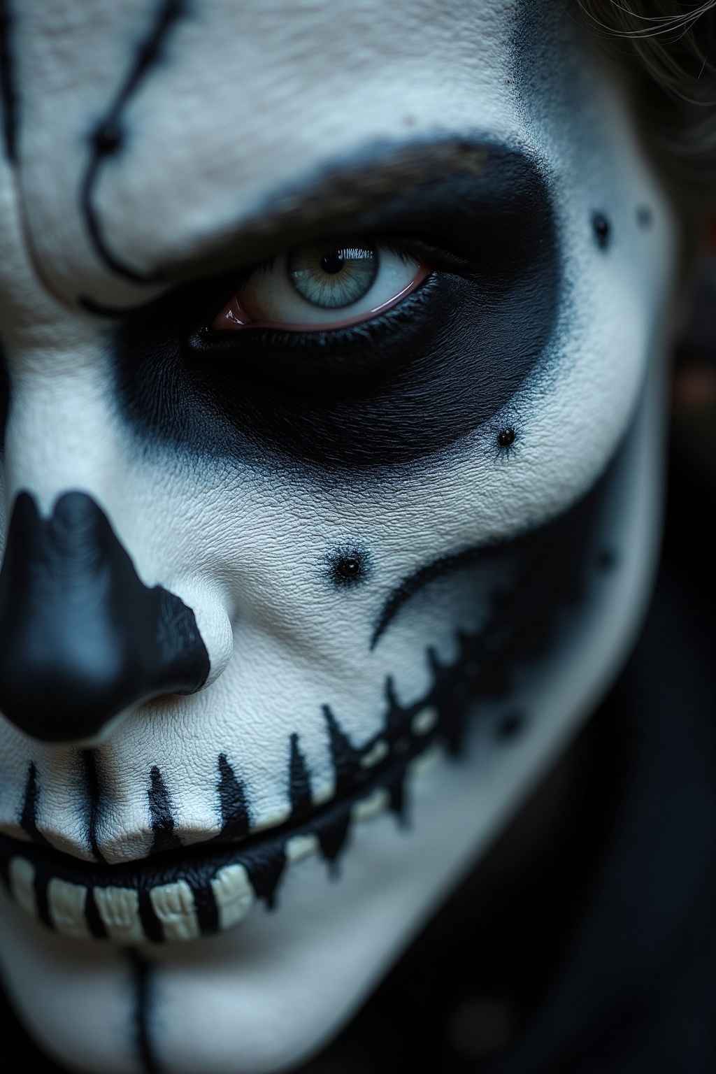 h0rr0r_art,  A haunting close-up showcases an individual adorned in intricate skull makeup. The face is painted to create...