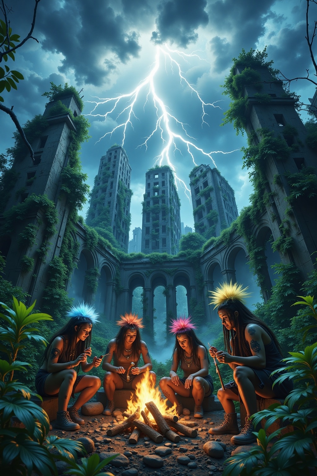 h0rr0r_art,  A post-apocalyptic landscape where nature has reclaimed the ruins of a city. Towering storm clouds loom overh...