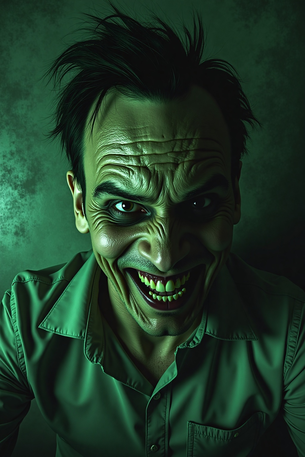 h0rr0r_art,  This photograph depicts an unsettling portrait of a character grinning with an exaggerated,  sinister smile....