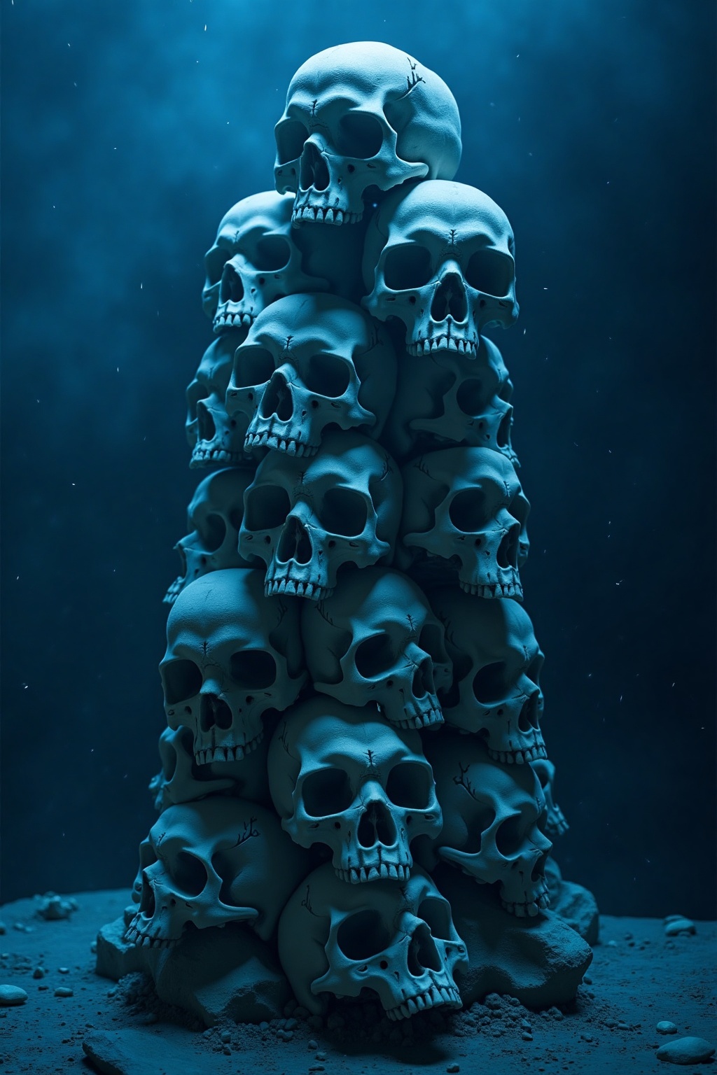 h0rr0r_art,  This image captures a dark and haunting pillar made entirely of human skulls,  each carefully stacked one ato...