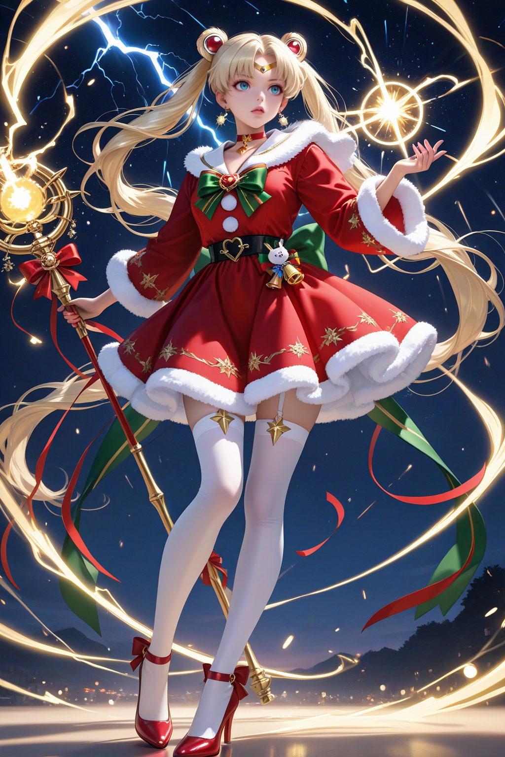 A stunning and dynamic scene featuring Sailor Moon dressed in a sensual Christmas-themed outfit. She wears a form-fitting...
