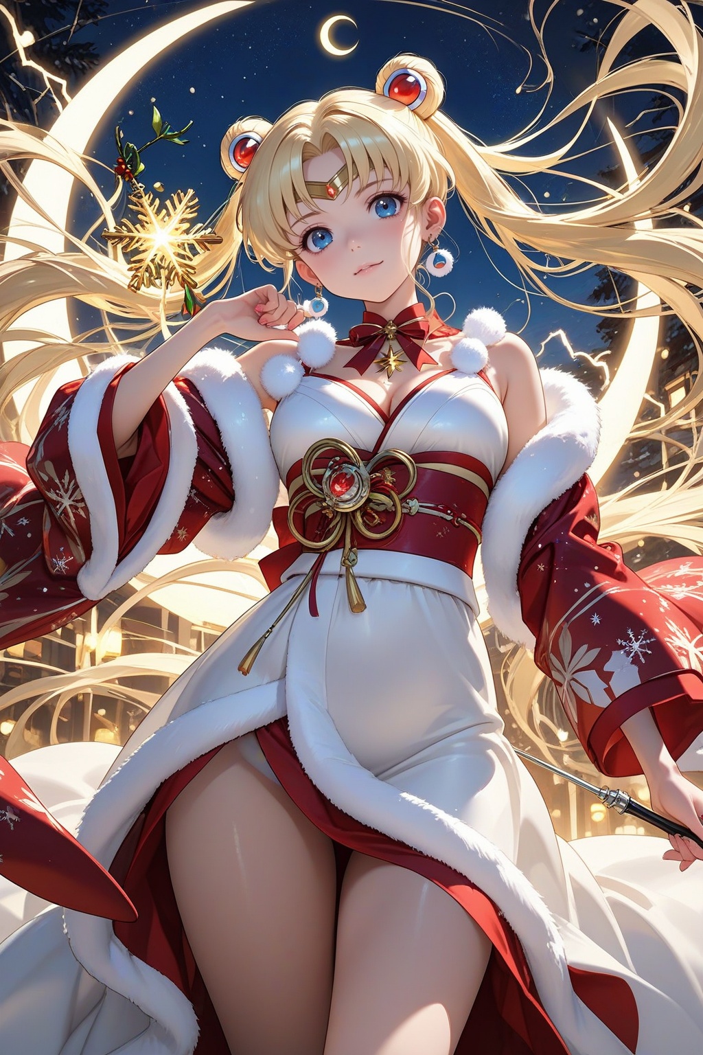 A stunning portrayal of Sailor Moon in a holiday outfit beneath a meteor-filled sky with crackling lightning. She wears a...