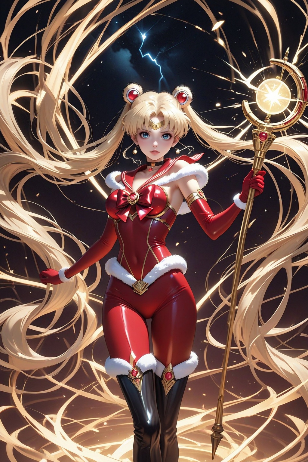 Sailor Moon in a bold,  festive outfit stands under a cosmic display of meteors and lightning. She is dressed in a sleek r...