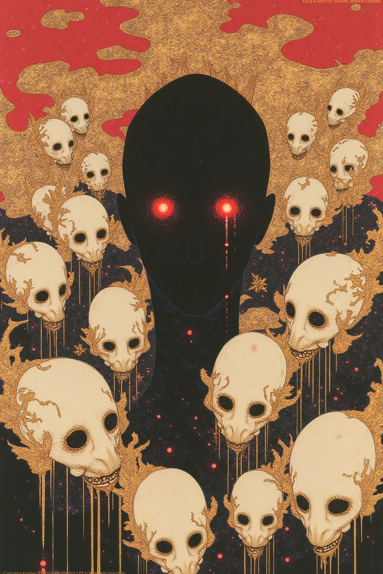 Surreal and haunting portrait featuring a central dark form surrounded by a multitude of eerie,  ghostly faces,  each with...