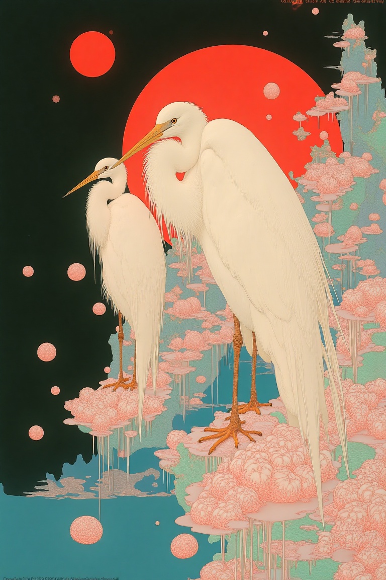 A serene scene featuring a majestic white egret perched on a cluster of textured blooms,  set against a large,  glowing re...