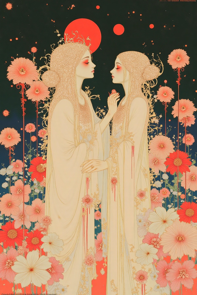 A surreal,  dreamlike scene depicting two ethereal figures surrounded by an abundance of vibrant,  blooming flowers in war...