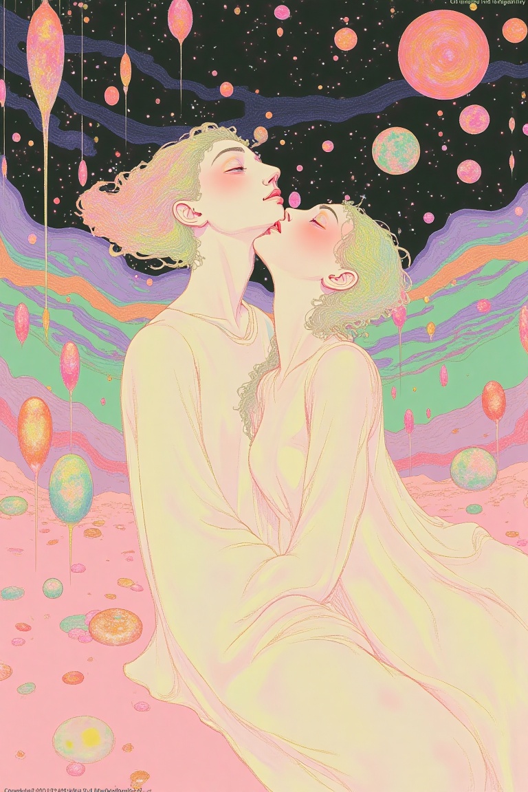 Surreal dreamscape featuring two figures entwined,  their outlines softly blended with vibrant colors. The scene showcases...