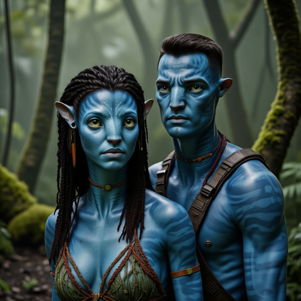 portrait of beautiful na'vi woman and handsome na'vi man,  in forest,  Na'vi Avatar on Tensor.Art