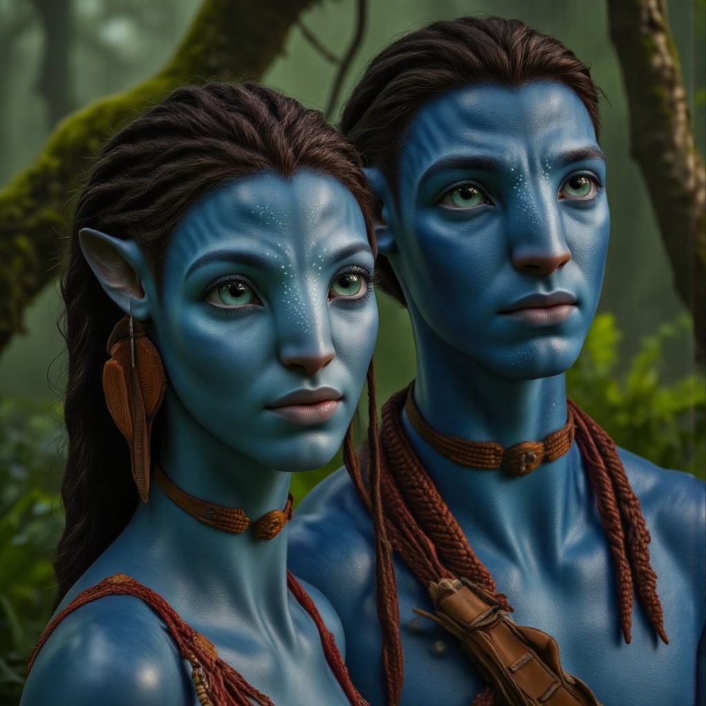 portrait of beautiful na'vi woman and handsome na'vi man,  in forest,  Na'vi Avatar on Tensor.Art