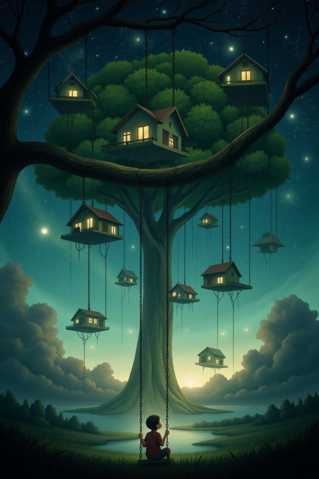 A surreal high-resolution photograph of a village of floating houses tethered by chains to a massive,  luminous tree growi...