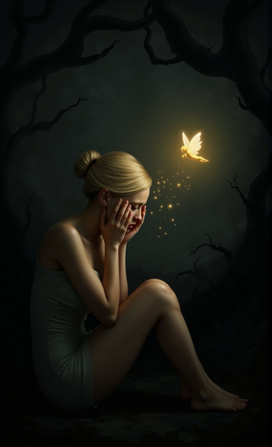 Surreal painting of a beautiful,  blonde woman in dark despair,  sitting in an abstract on Tensor.Art