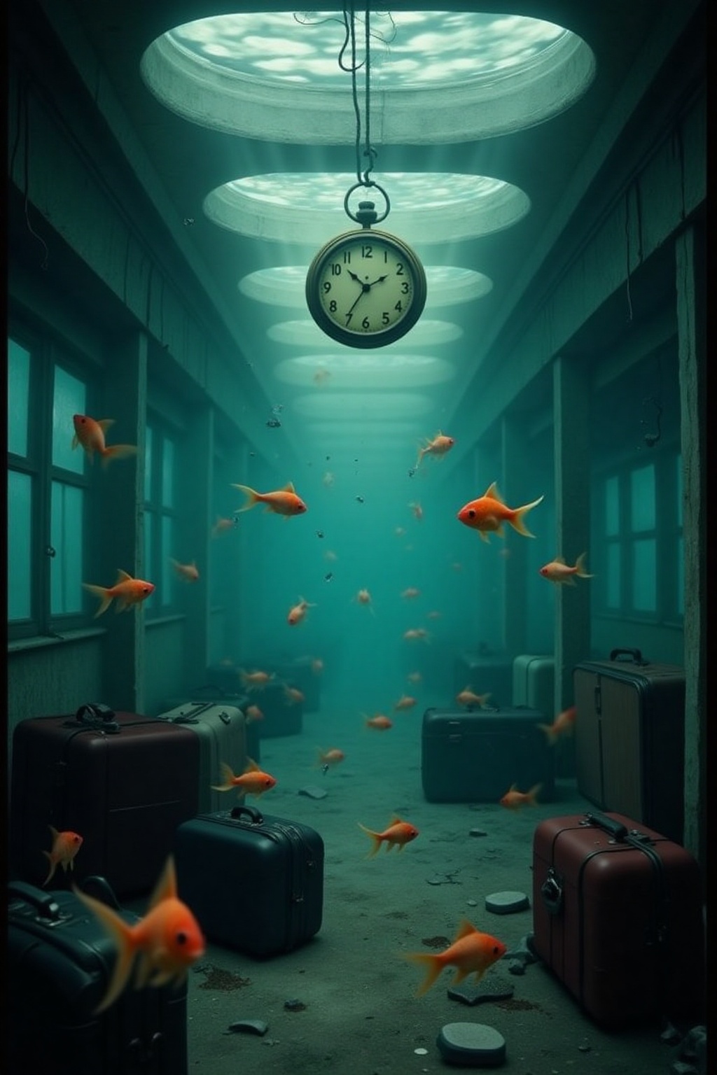 A surreal depiction of an abandoned train station submerged underwater,  with translucent fish swimming through forgotten...