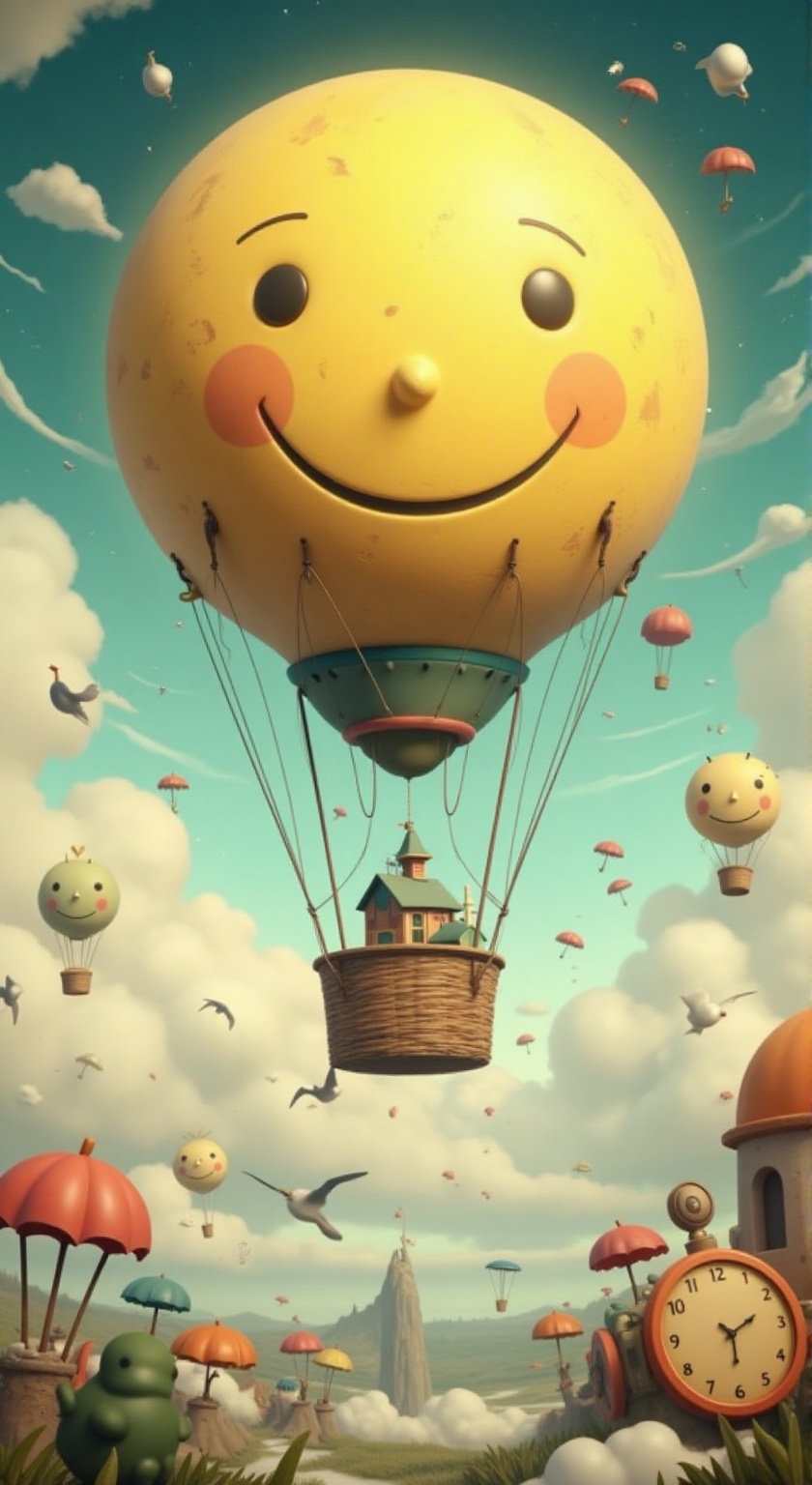 A surreal hot air balloon shaped like a giant,  smiling moon,  carrying a tiny house in its basket. The balloon floats thr...