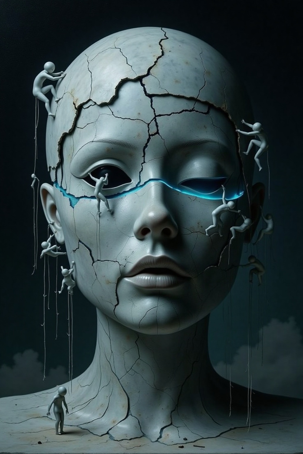 A surreal painting of a massive female head,  sculpted from layers of synthetic skin and polished stone,  each layer peeli...
