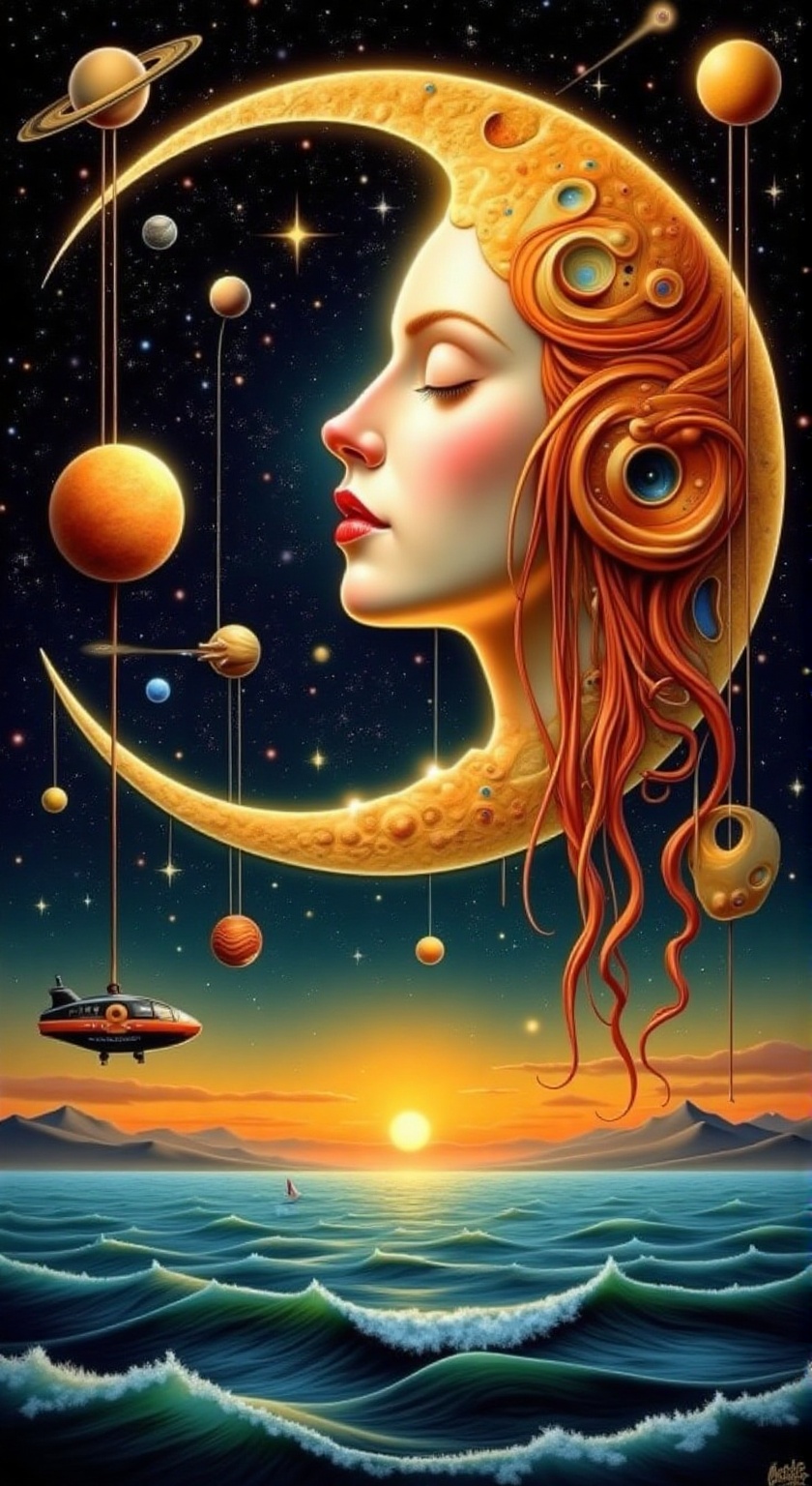 A highly detailed vibrant,  surreal artwork depicting a celestial,  dreamlike scene. The central figure is a large on Tens...