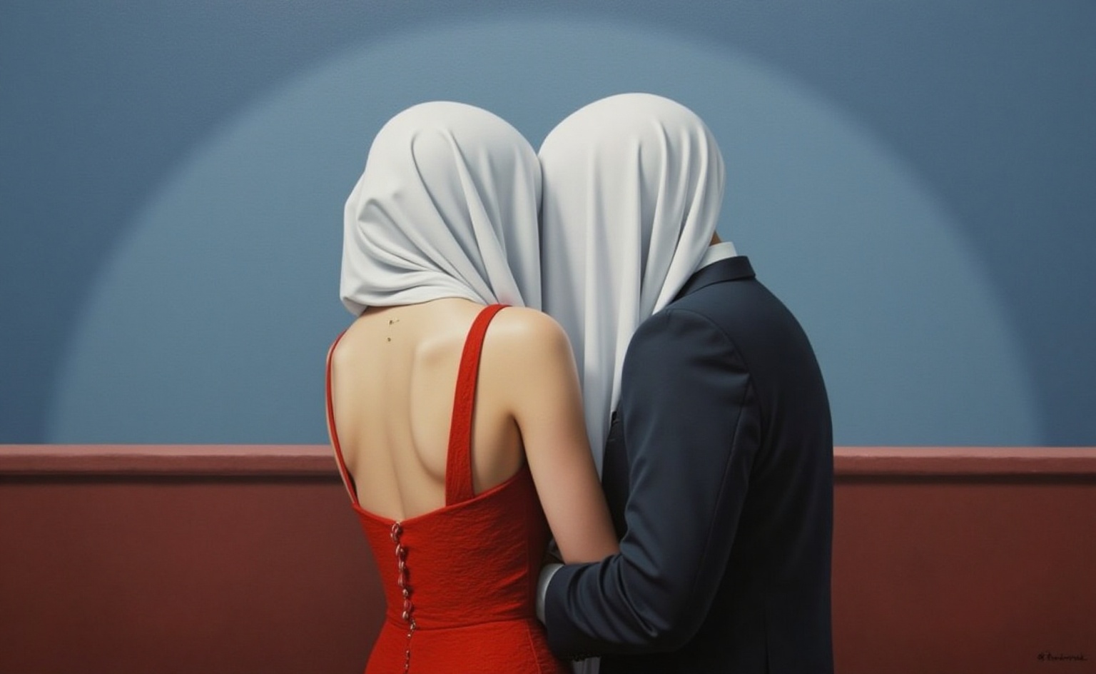 A surreal painting.The artwork features two figures,  both of whom have their faces and heads covered by white,  draped fa...