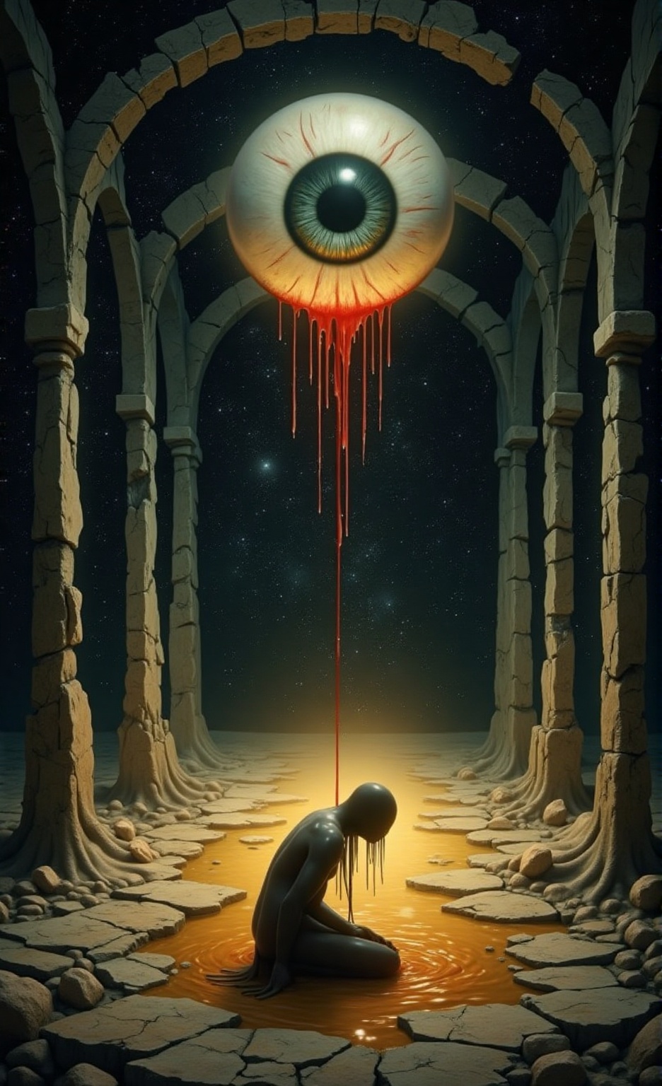 A surreal scene of a crumbling cathedral,  its walls replaced with endless starry voids. In the center,  a shadowy figure...