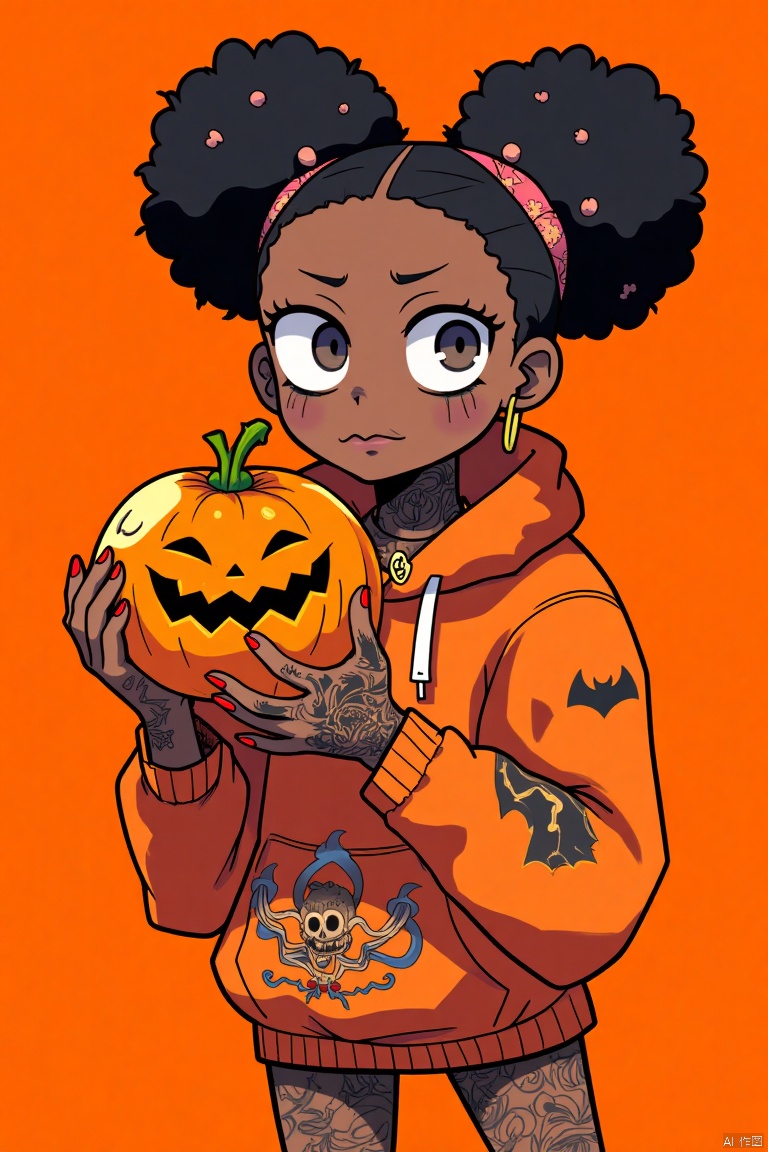 score_9,score_8_up,score_7_up,source_anime,(A African black woman) holding big orange. Her decked out in an big orange themed ensemble,complete with a hoodie adorned. Her laid-back demeanor contrasts with the vibrant,spooky accessories. ((on an orange background)). array of tattoos,
