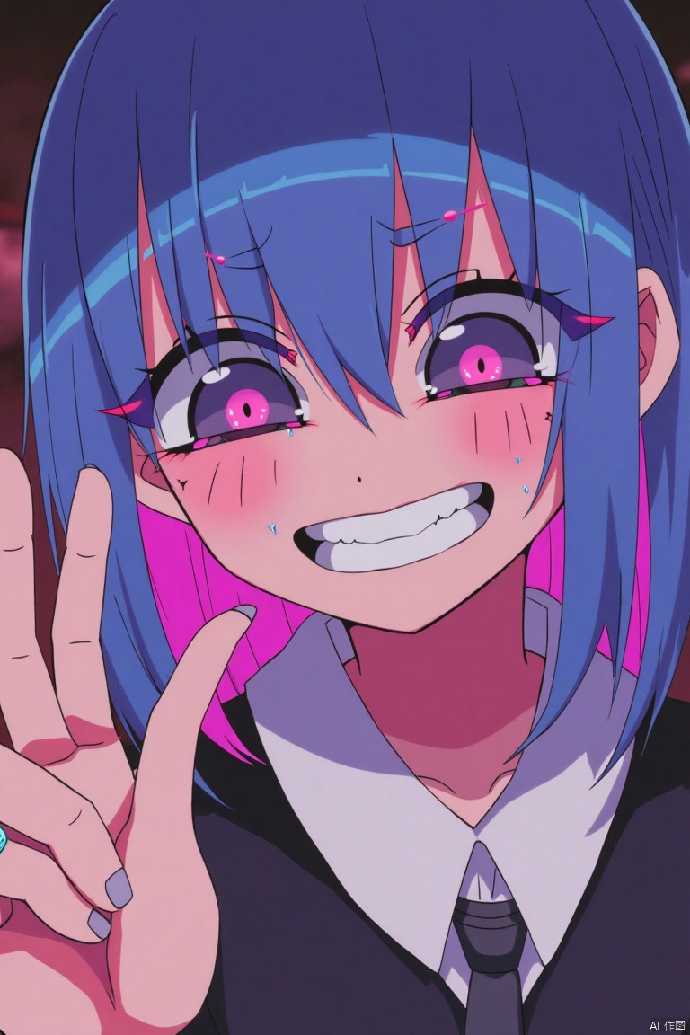 Best quality,masterpiece,1gril,hand,tears,pink and blue hair,smile,medium hair,room,film grain,glitch,lens_flare,colorful,chromatic aberration,super wide angle,dynamic pov,closed mouth,Intense emotional expression: death,amazing quality,absurdres,anime,very aesthetic,Negative prompt: