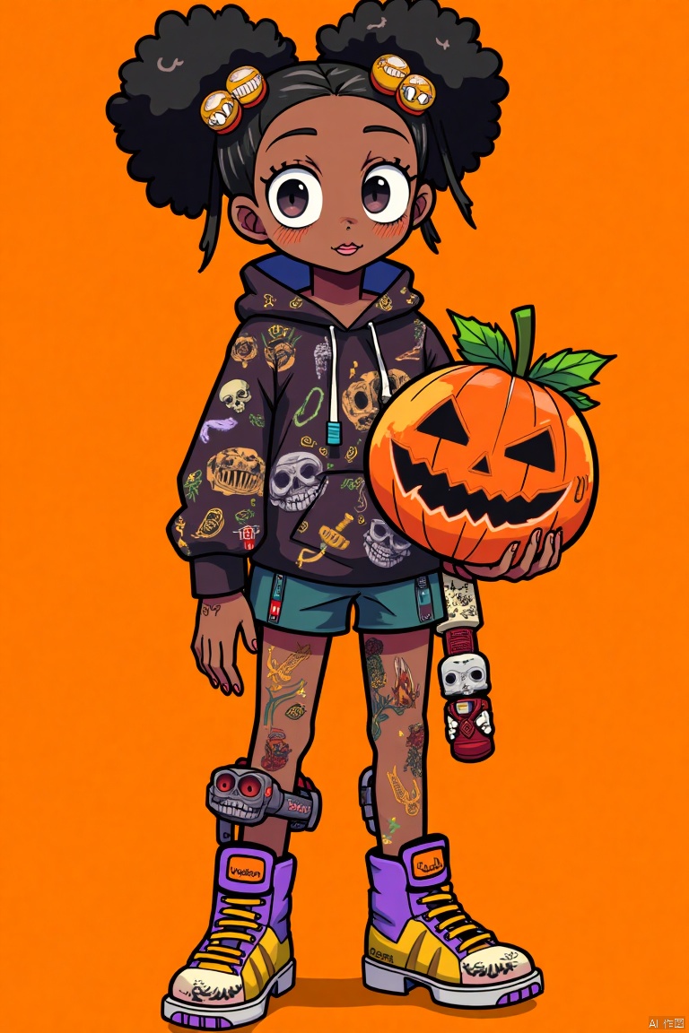 score_9,score_8_up,score_7_up,source_anime,(A African black woman) holding big orange. Her decked out in an big orange themed ensemble,complete with a hoodie adorned. Her laid-back demeanor contrasts with the vibrant,spooky accessories. ((on an orange background)). array of tattoos,