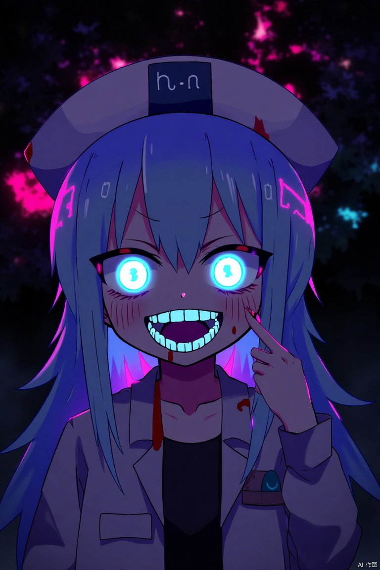 (score_9, score_8_up, score_7_up, score_6_up),a close up of a source_anime,score_9,score_8_up,score_7_up,score_6_up,anime girls with glowing eyes and neon lights behind them in a dark room,1girl,solo,open mouth,teeth,blood,smile,heart,looking at viewer,long hair,blood on face,nurse cap,Portrait,niji v6 art style,easynegative,ng_deepnegative_v1_75t,negative_hand,garden,sunlight,shadows,trees,