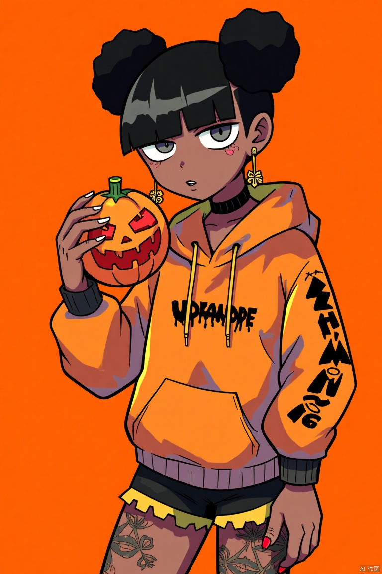 score_9,score_8_up,score_7_up,source_anime,(A African black woman) holding big orange. Her decked out in an big orange themed ensemble,complete with a hoodie adorned. Her laid-back demeanor contrasts with the vibrant,spooky accessories. ((on an orange background)). array of tattoos,