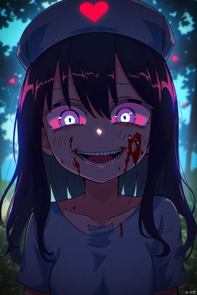 (score_9, score_8_up, score_7_up, score_6_up),a close up of a source_anime,score_9,score_8_up,score_7_up,score_6_up,anime girls with glowing eyes and neon lights behind them in a dark room,1girl,solo,open mouth,teeth,blood,smile,heart,looking at viewer,long hair,blood on face,nurse cap,Portrait,niji v6 art style,easynegative,ng_deepnegative_v1_75t,negative_hand,garden,sunlight,shadows,trees,
