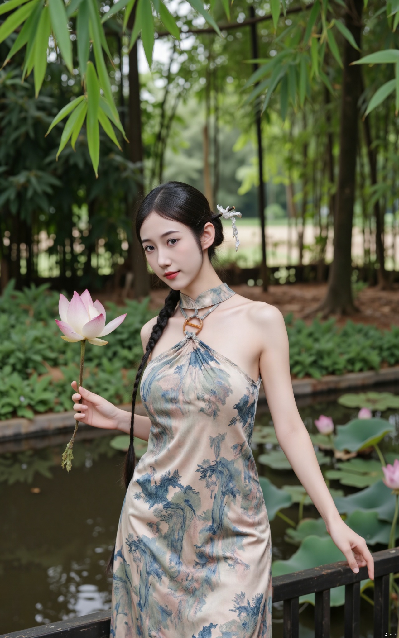  masterpiece,1girl,solo,black hair,(Standing by the lotus pond in the garden:1.3),(hanfu dress:1.3),black eyes,beautiful face,short sleeves,holding flower,looking at viewer,(huge breasts:2.79),(full breasts:1.99),Xminguo,Xruanxiu,Xqhanfu,Xqipao,Xqinghanfu