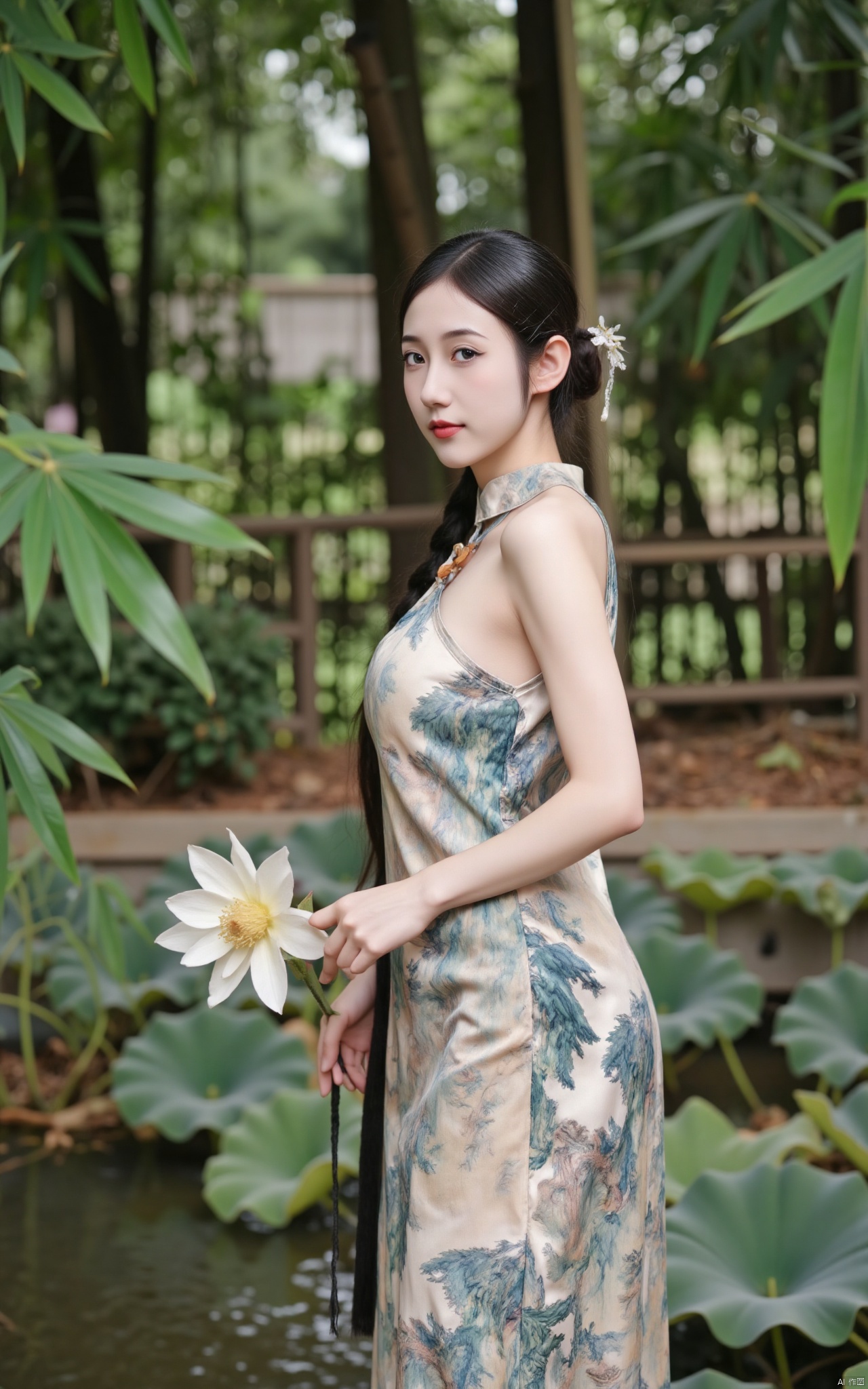  masterpiece,1girl,solo,black hair,(Standing by the lotus pond in the garden:1.3),(hanfu dress:1.3),black eyes,beautiful face,short sleeves,holding flower,looking at viewer,(huge breasts:2.79),(full breasts:1.99),Xminguo,Xruanxiu,Xqhanfu,Xqipao,Xqinghanfu