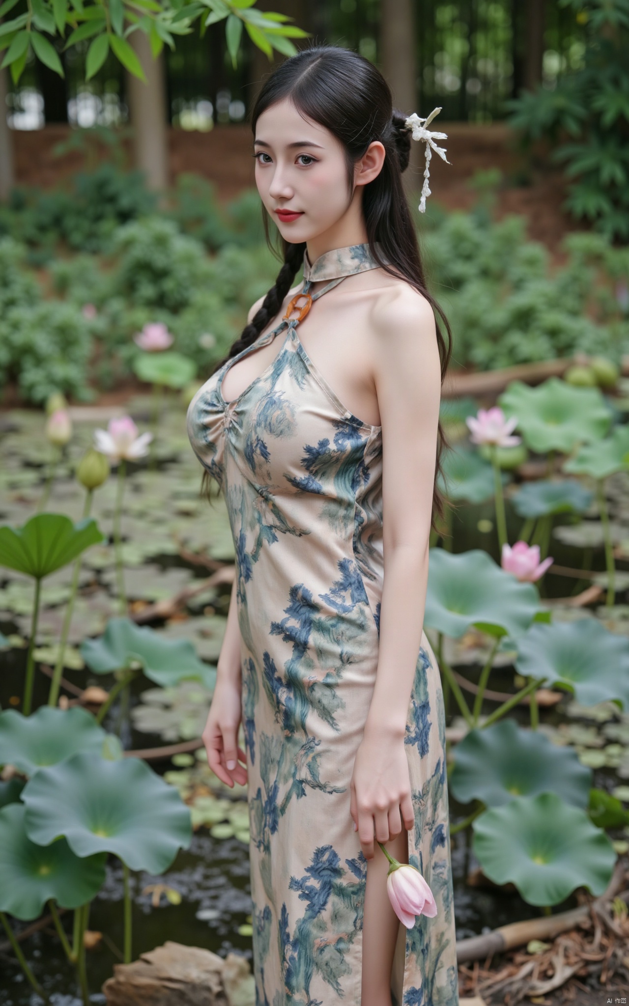  masterpiece,1girl,solo,black hair,(Standing by the lotus pond in the garden:1.3),(hanfu dress:1.3),black eyes,beautiful face,short sleeves,holding flower,looking at viewer,(huge breasts:2.79),(full breasts:1.99),Xminguo,Xruanxiu,Xqhanfu,Xqipao,Xqinghanfu