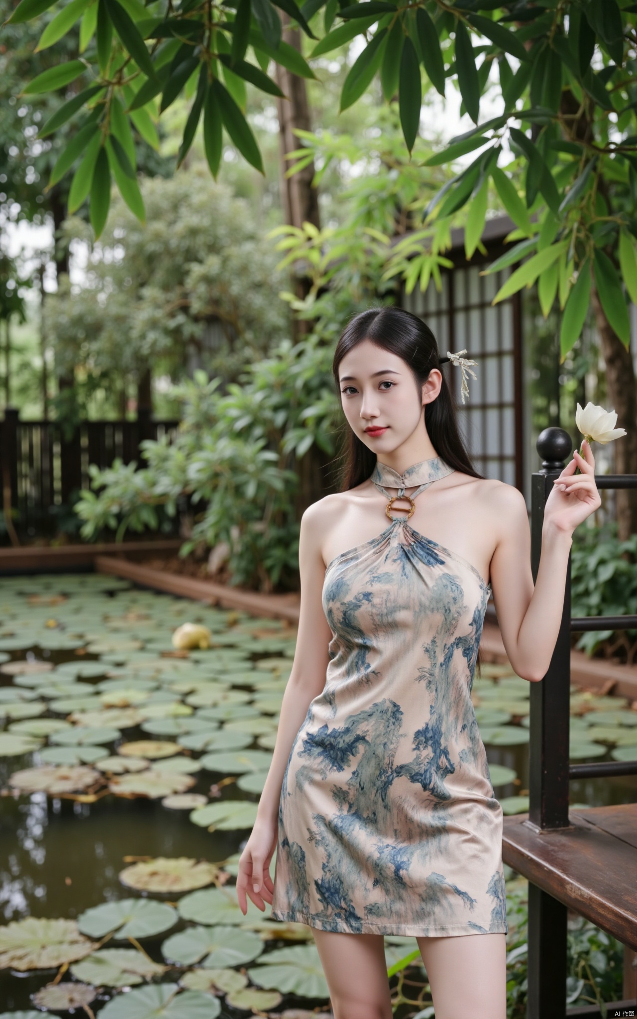  masterpiece,1girl,solo,black hair,(Standing by the lotus pond in the garden:1.3),(hanfu dress:1.3),black eyes,beautiful face,short sleeves,holding flower,looking at viewer,(huge breasts:2.79),(full breasts:1.99),Xminguo,Xruanxiu,Xqhanfu,Xqipao,Xqinghanfu