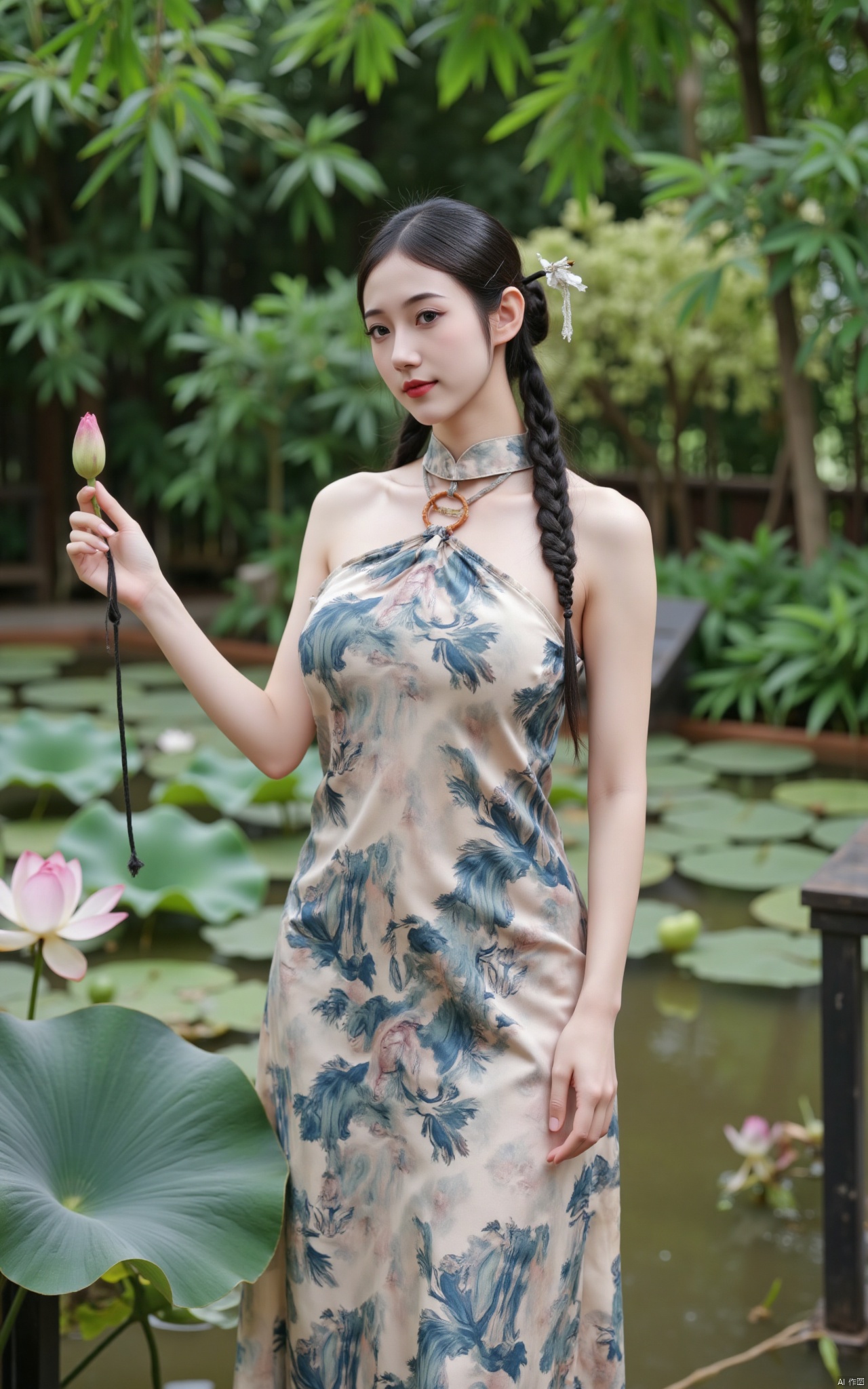  masterpiece,1girl,solo,black hair,(Standing by the lotus pond in the garden:1.3),(hanfu dress:1.3),black eyes,beautiful face,short sleeves,holding flower,looking at viewer,(huge breasts:2.79),(full breasts:1.99),Xminguo,Xruanxiu,Xqhanfu,Xqipao,Xqinghanfu