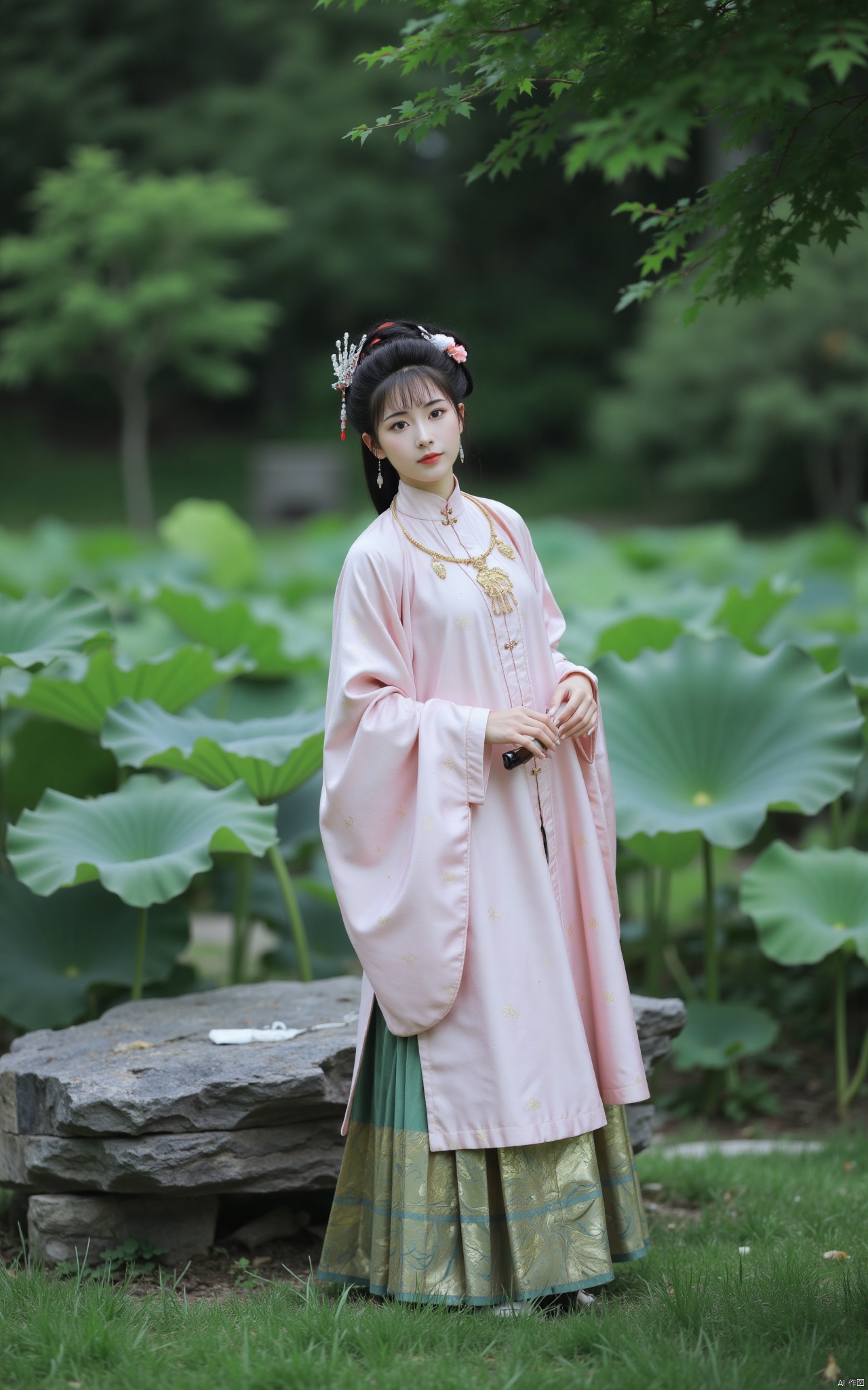 masterpiece,(best quality),official art, (1girl), (solo), ((looking_at_viewer)),(huge breasts:2.69),(full breasts:1.99),Xzhaoliner,(Lotus pond, lotus:1.52),Xruanxiu,Xfhanfu,Xqhanfu,Xqinghanfu,Xqipao,Xyueying