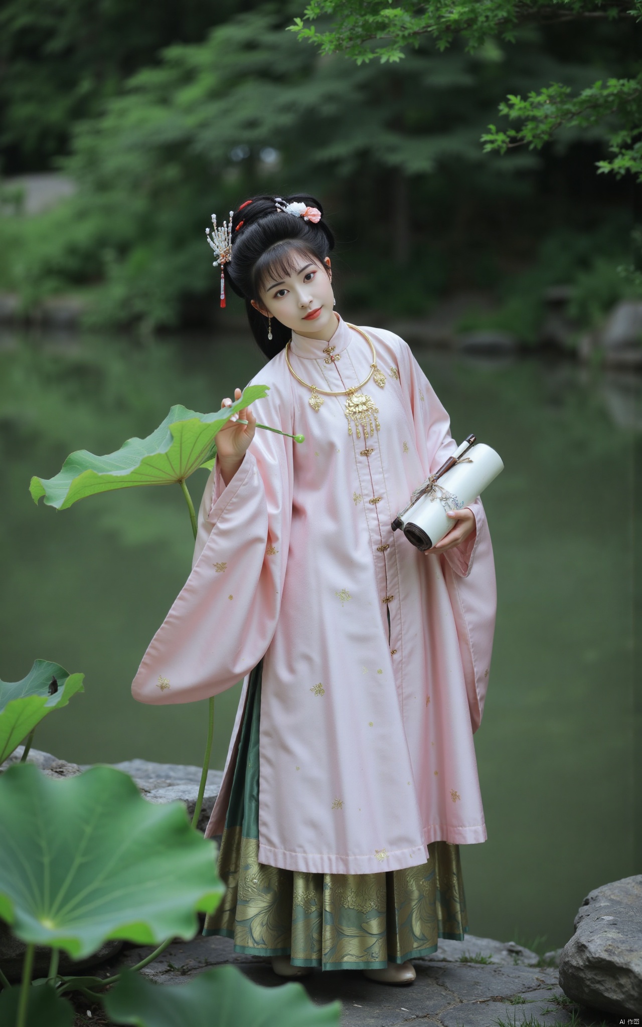 masterpiece,(best quality),official art, (1girl), (solo), ((looking_at_viewer)),(huge breasts:2.69),(full breasts:1.99),Xzhaoliner,(Lotus pond, lotus:1.52),Xruanxiu,Xfhanfu,Xqhanfu,Xqinghanfu,Xqipao,Xyueying
