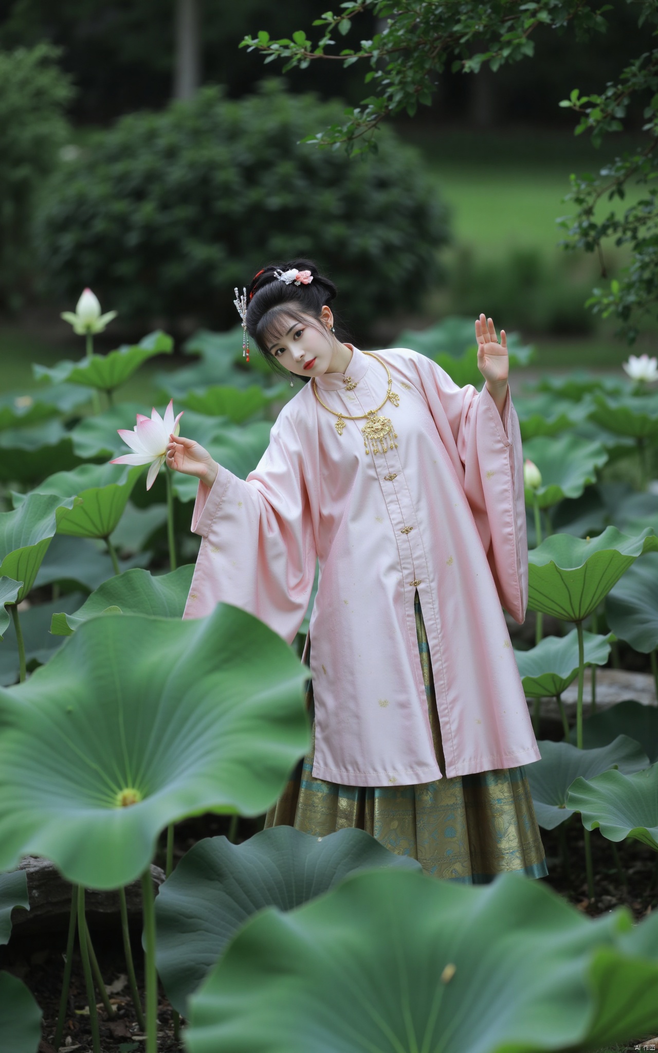 masterpiece,(best quality),official art, (1girl), (solo), ((looking_at_viewer)),(huge breasts:2.69),(full breasts:1.99),Xzhaoliner,(Lotus pond, lotus:1.52),Xruanxiu,Xfhanfu,Xqhanfu,Xqinghanfu,Xqipao,Xyueying