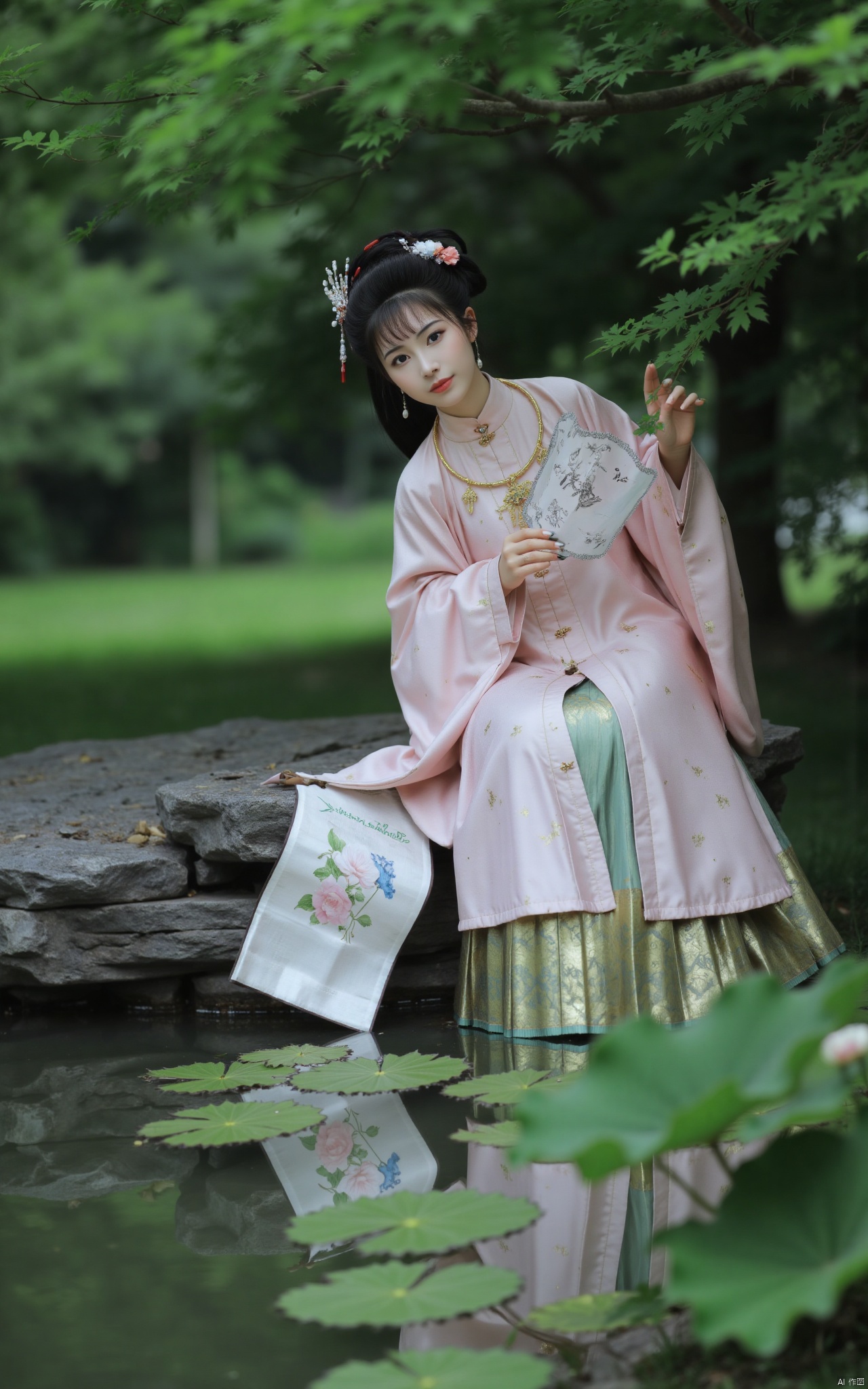 masterpiece,(best quality),official art, (1girl), (solo), ((looking_at_viewer)),(huge breasts:2.69),(full breasts:1.99),Xzhaoliner,(Lotus pond, lotus:1.52),Xruanxiu,Xfhanfu,Xqhanfu,Xqinghanfu,Xqipao,Xyueying
