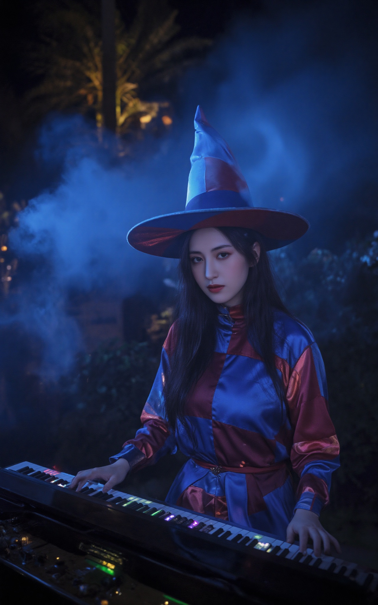 A fantasy scene of a witch-like woman playing the piano,  dressed in a blue and red patchwork jacket and skirt,  wearing a...