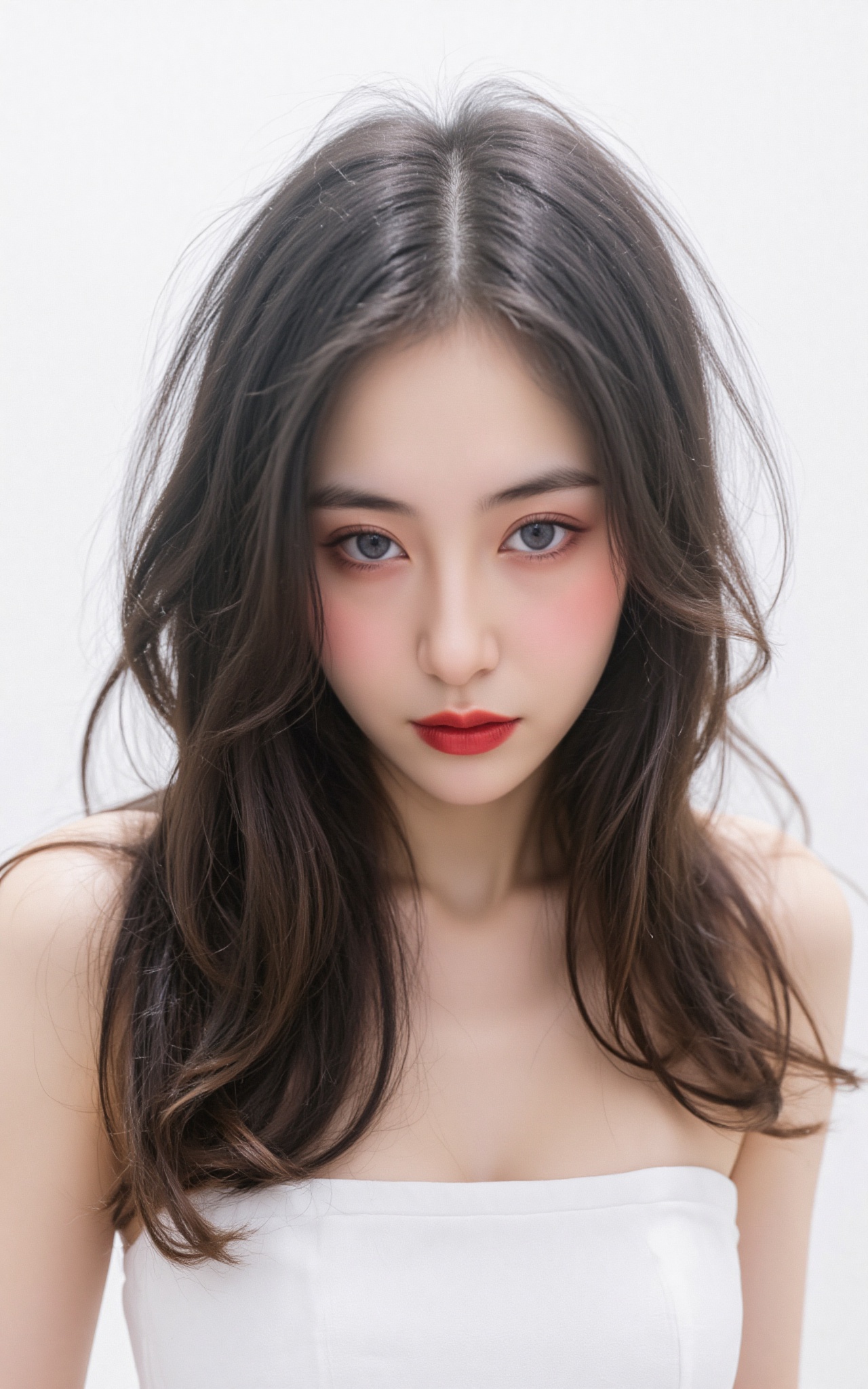 a close-up shot of a young Asian woman with long dark,  straight,  straight black hair stands against a stark white backdr...