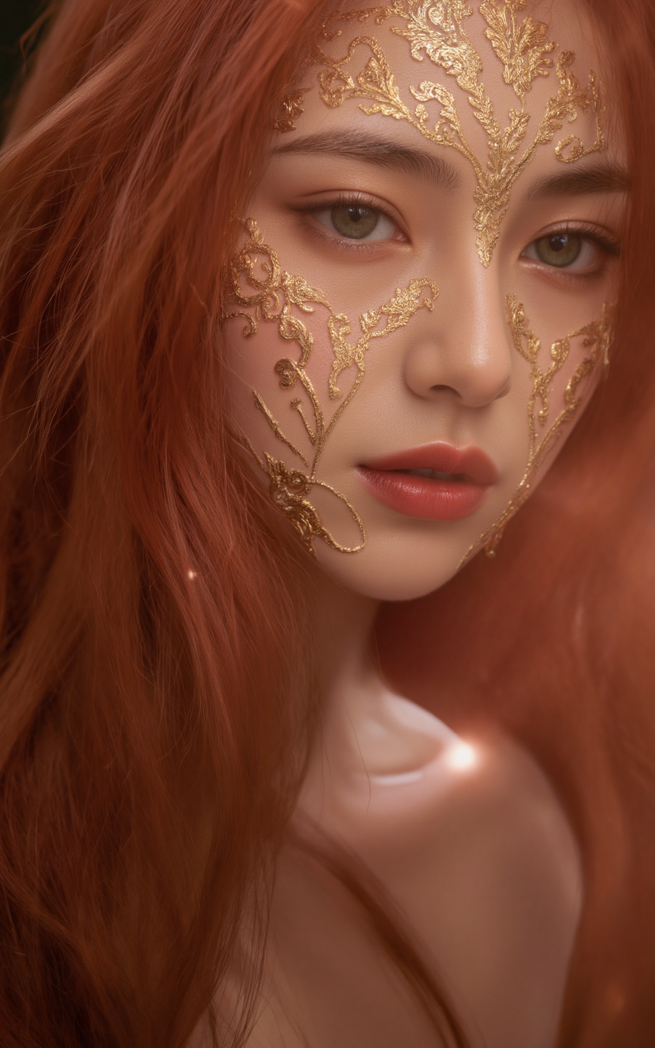 a beautiful face covered in intricate details golden full-face filigree,  intricate details on skin,  flowing fiery long i...
