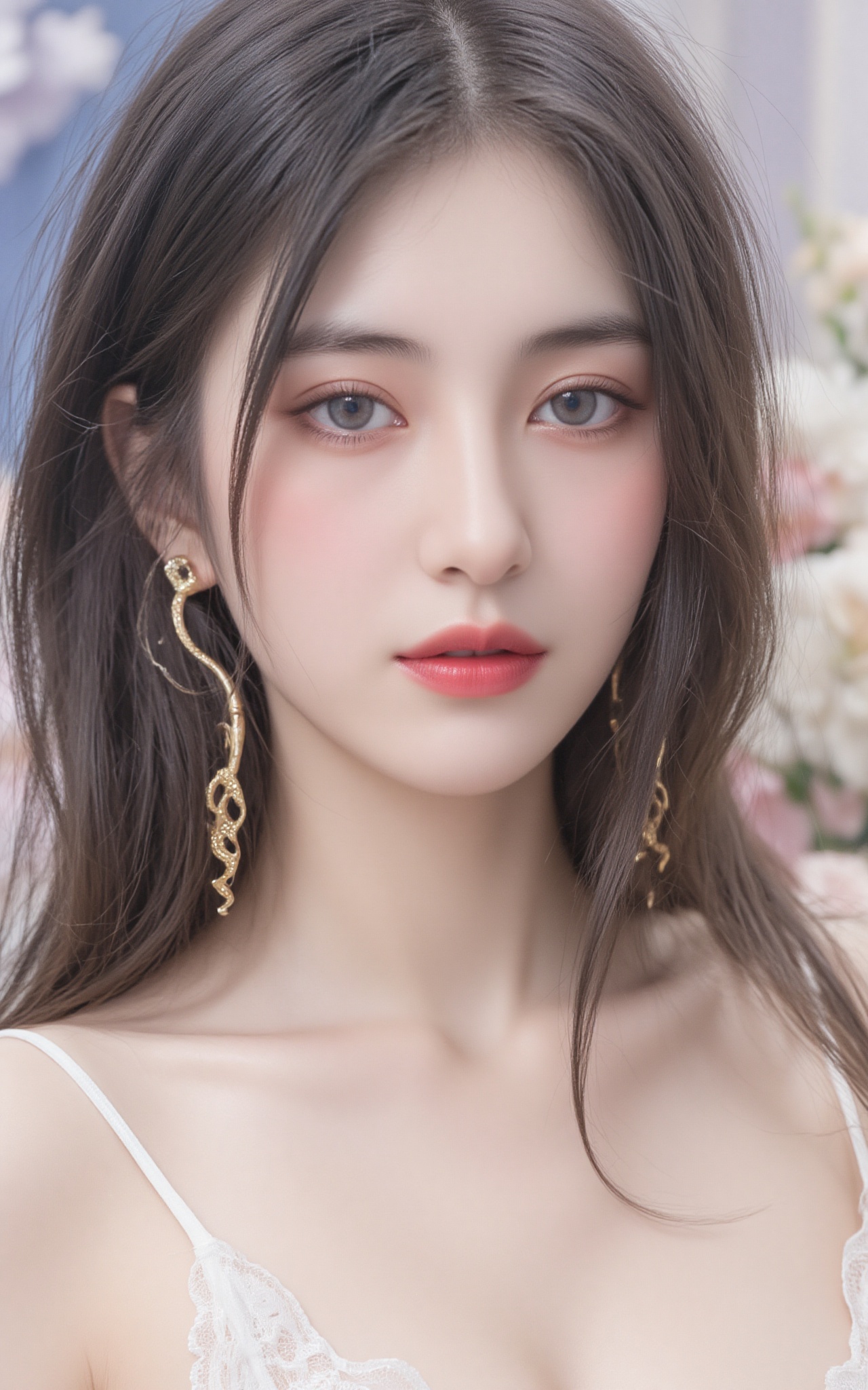 This is a highly detailed digital artwork depicting a young woman with an ethereal,  almost otherworldly appearance. The i...