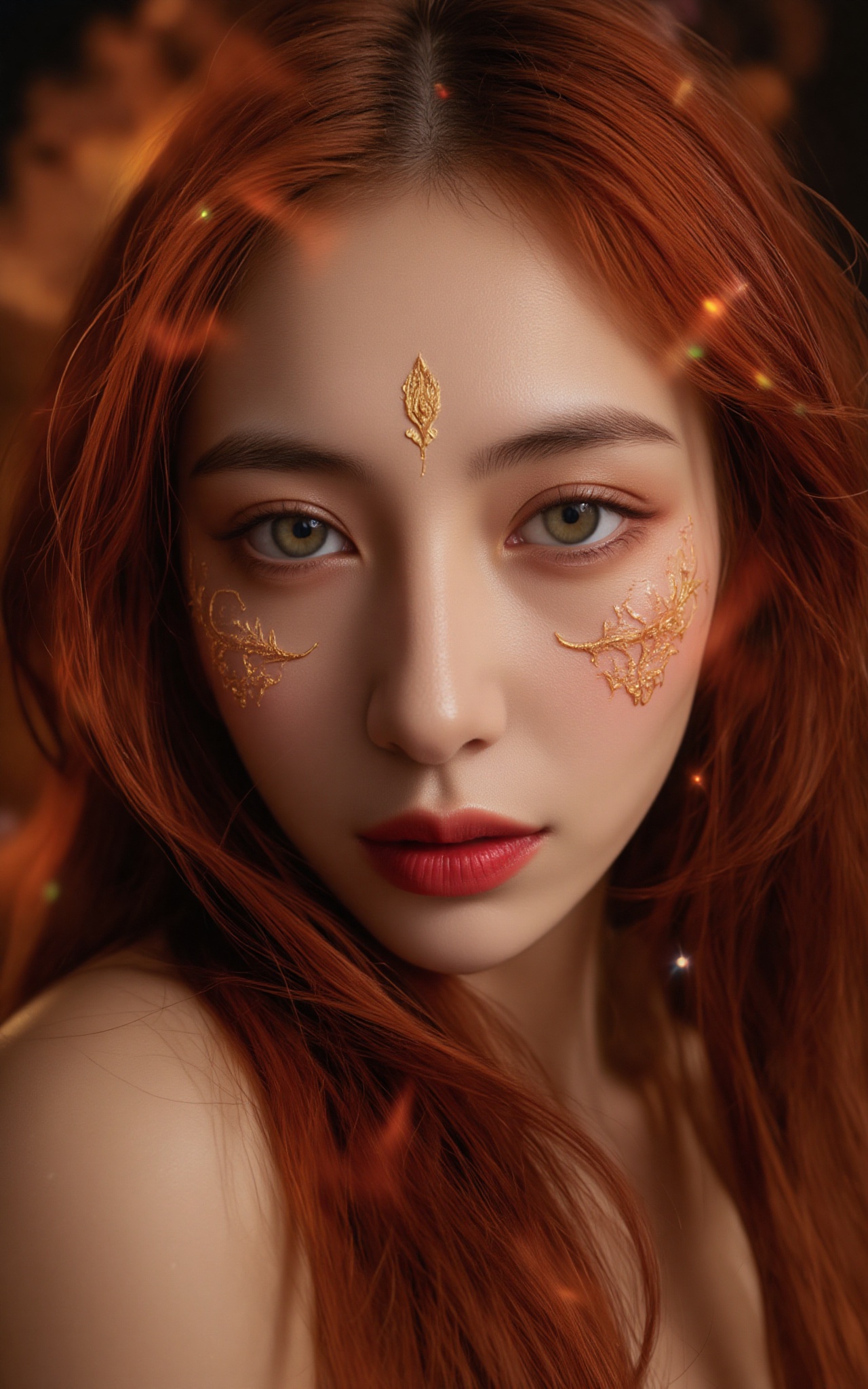 a beautiful face covered in intricate details golden full-face filigree,  intricate details on skin,  flowing fiery long i...