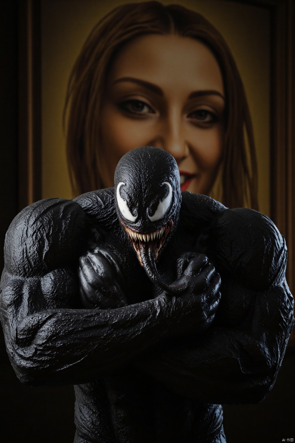 A close-up shot of Venom embracing the 
Iron Blood Warrior, with the iconic painting in the background. Venom's muscular, black form contrasts sharply with the soft, warm tones of the painting. The lighting is dramatic, casting deep shadows across Venom's face, while the 
Iron Blood Warrior remains illuminated, her enigmatic smile visible. Venom's long, serpentine tongue reaches out towards the painting, creating a surreal and eerie atmosphere. The composition is centered, with Venom's powerful arms wrapped around the frame, emphasizing the juxtaposition between the monstrous and the timeless.,redcraft,SYMBIOTE STYLE
