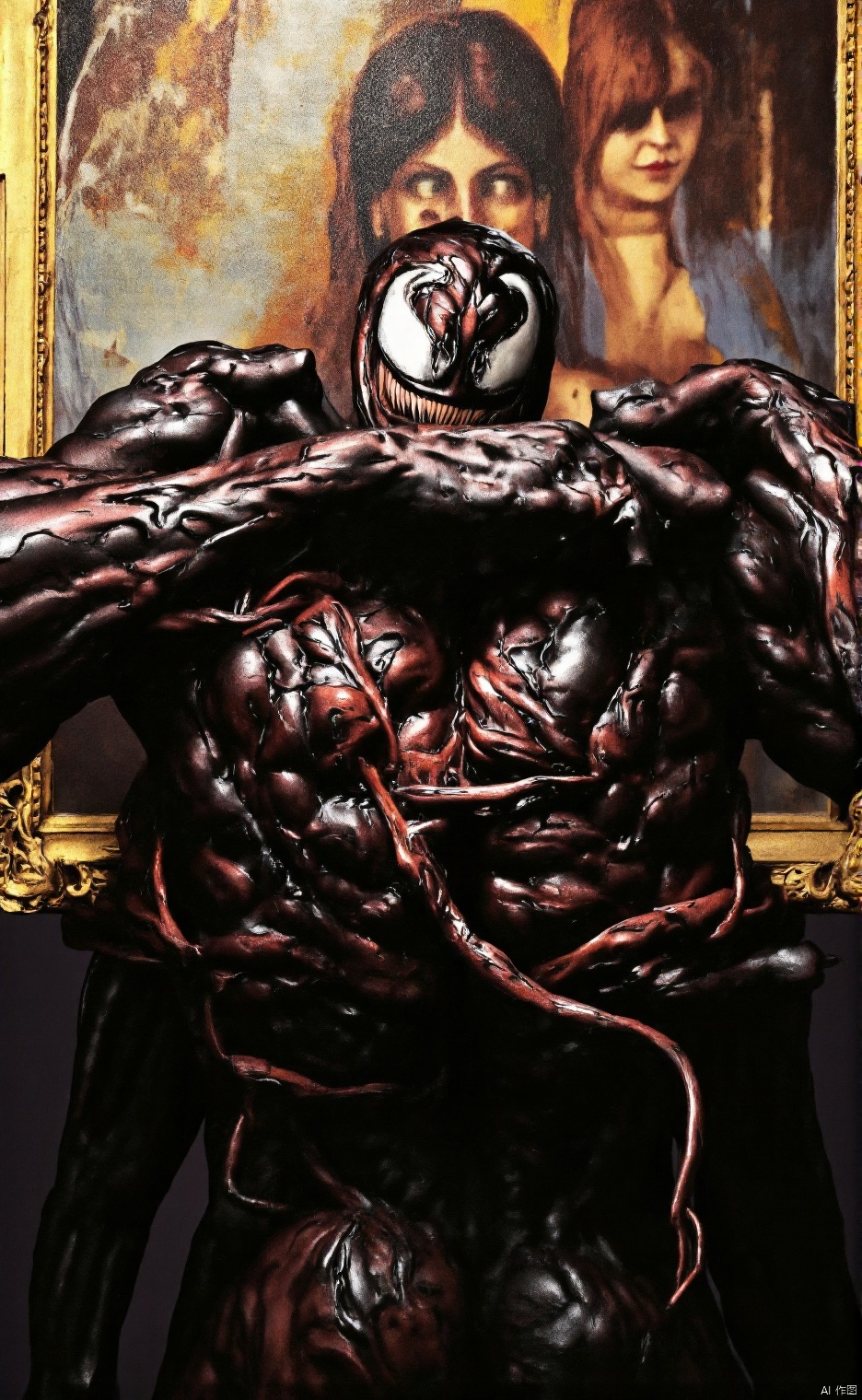 A close-up shot of Venom embracing the 
Iron Blood Warrior, with the iconic painting in the background. Venom's muscular, black form contrasts sharply with the soft, warm tones of the painting. The lighting is dramatic, casting deep shadows across Venom's face, while the 
Iron Blood Warrior remains illuminated, her enigmatic smile visible. Venom's long, serpentine tongue reaches out towards the painting, creating a surreal and eerie atmosphere. The composition is centered, with Venom's powerful arms wrapped around the frame, emphasizing the juxtaposition between the monstrous and the timeless.,redcraft,SYMBIOTE STYLE